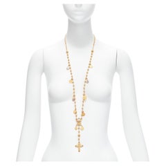 rare DOLCE GABBANA gold tone Jesus cross Saints coin charm long rosary necklace