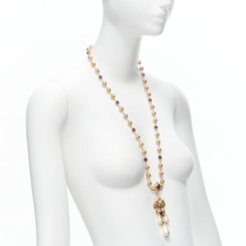 rare DOLCE GABBANA gold tone sapphire rhinestone pearl pendent filigree necklace In Excellent Condition In Hong Kong, NT
