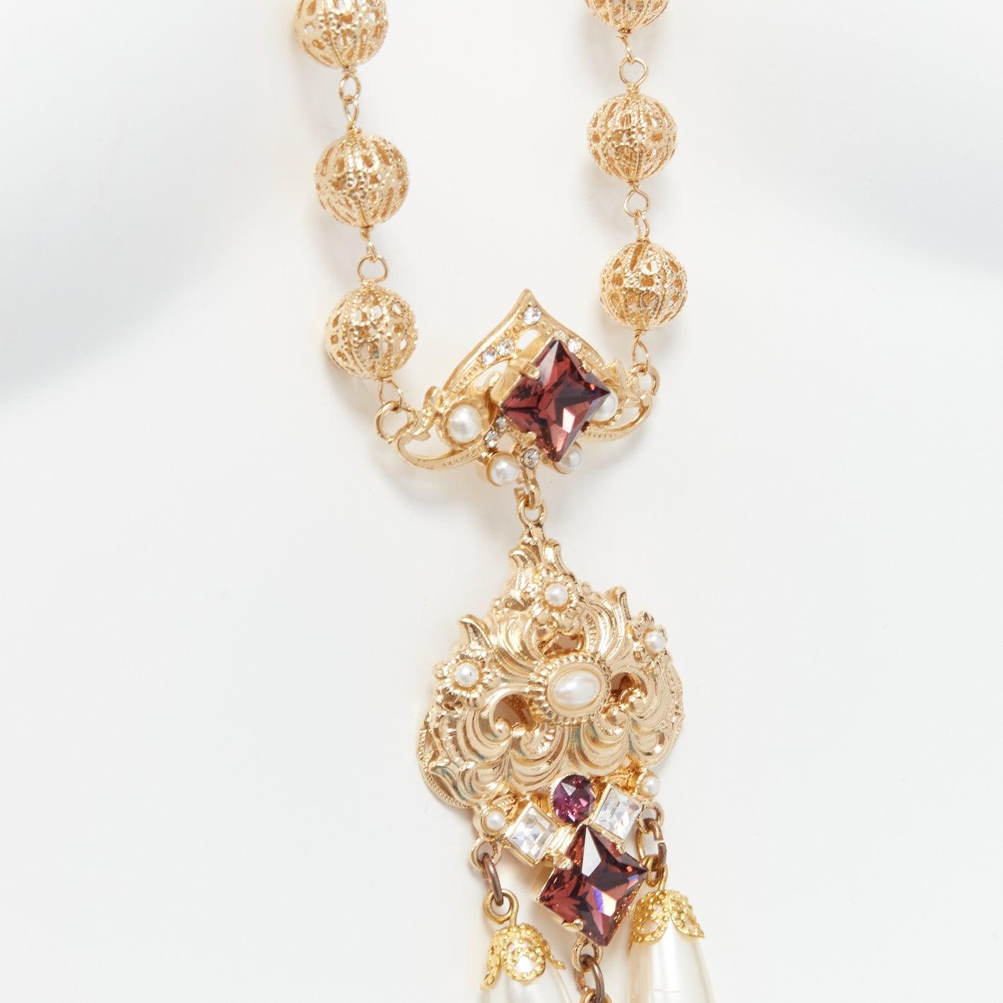 rare DOLCE GABBANA gold tone sapphire rhinestone pearl pendent filigree necklace For Sale 2
