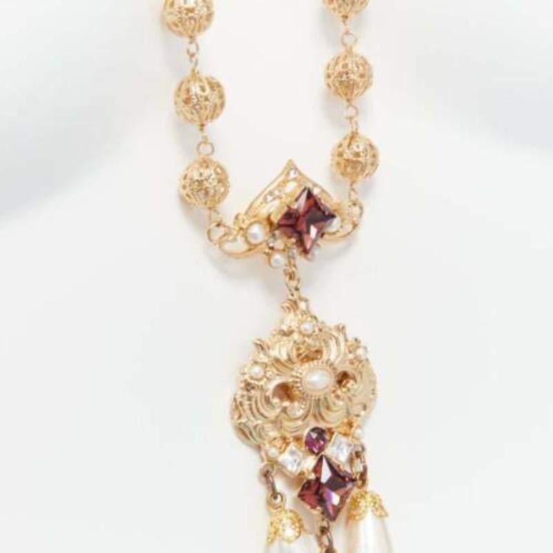 rare DOLCE GABBANA gold tone sapphire rhinestone pearl pendent filigree necklace 2