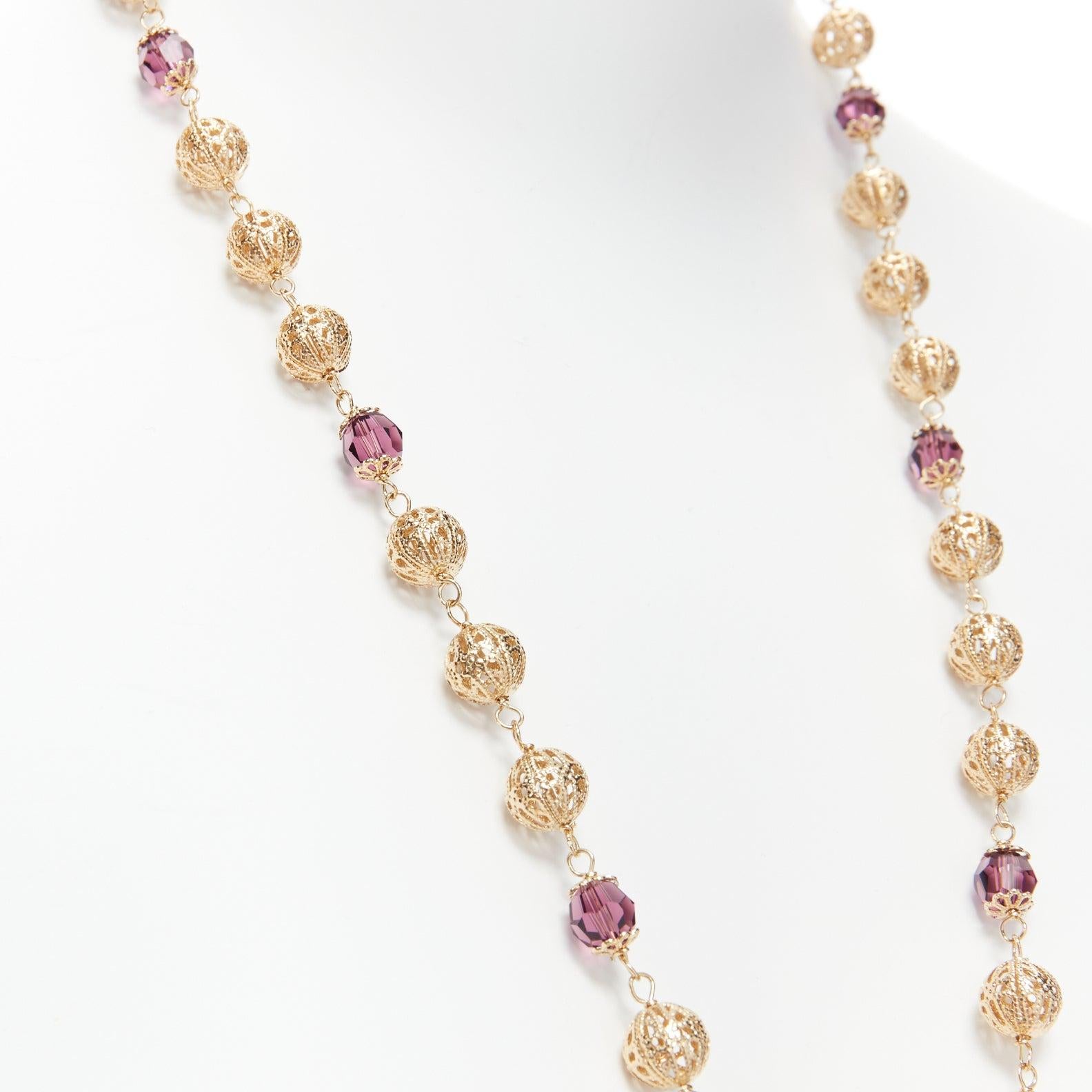 rare DOLCE GABBANA gold tone sapphire rhinestone pearl pendent filigree necklace For Sale 3