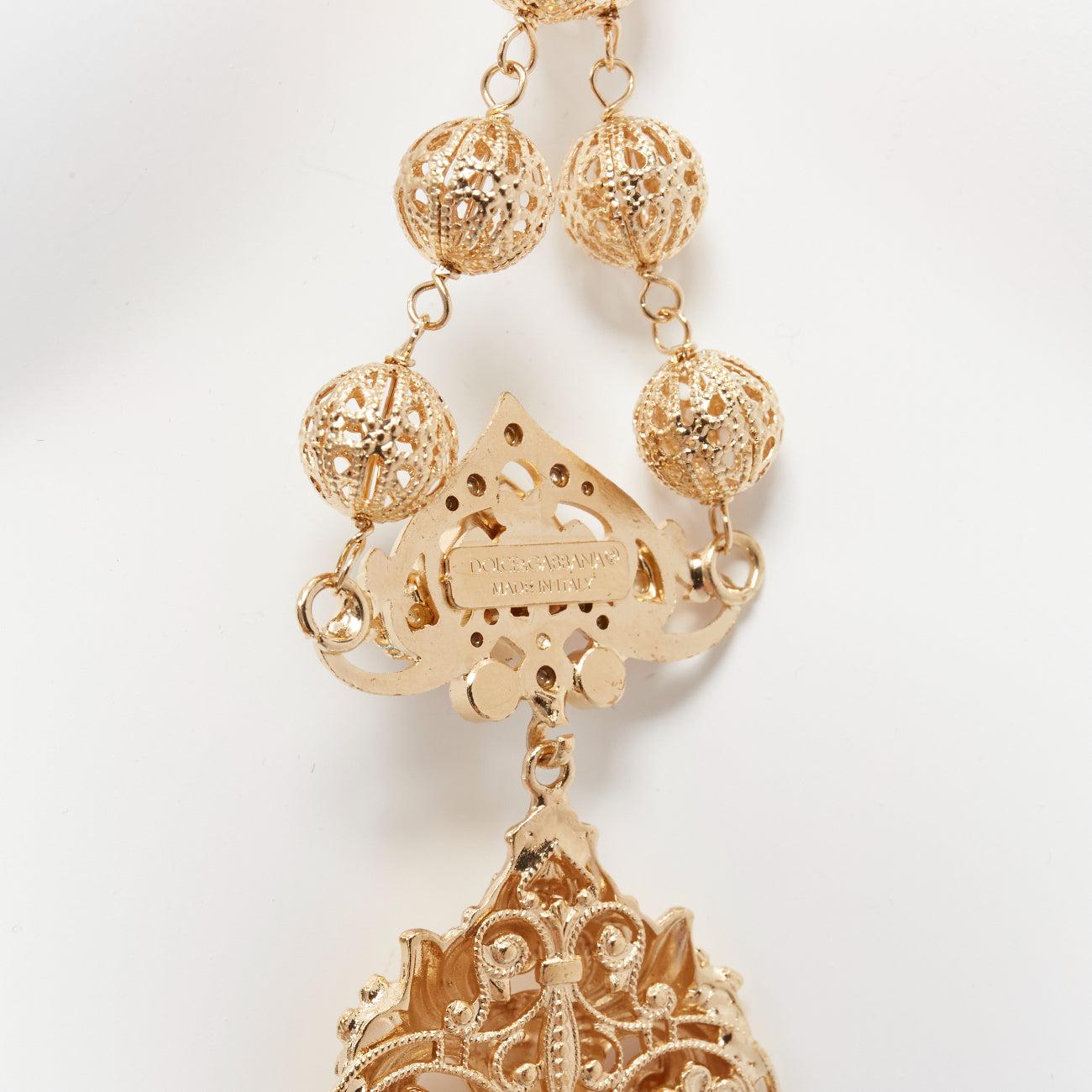 rare DOLCE GABBANA gold tone sapphire rhinestone pearl pendent filigree necklace For Sale 4