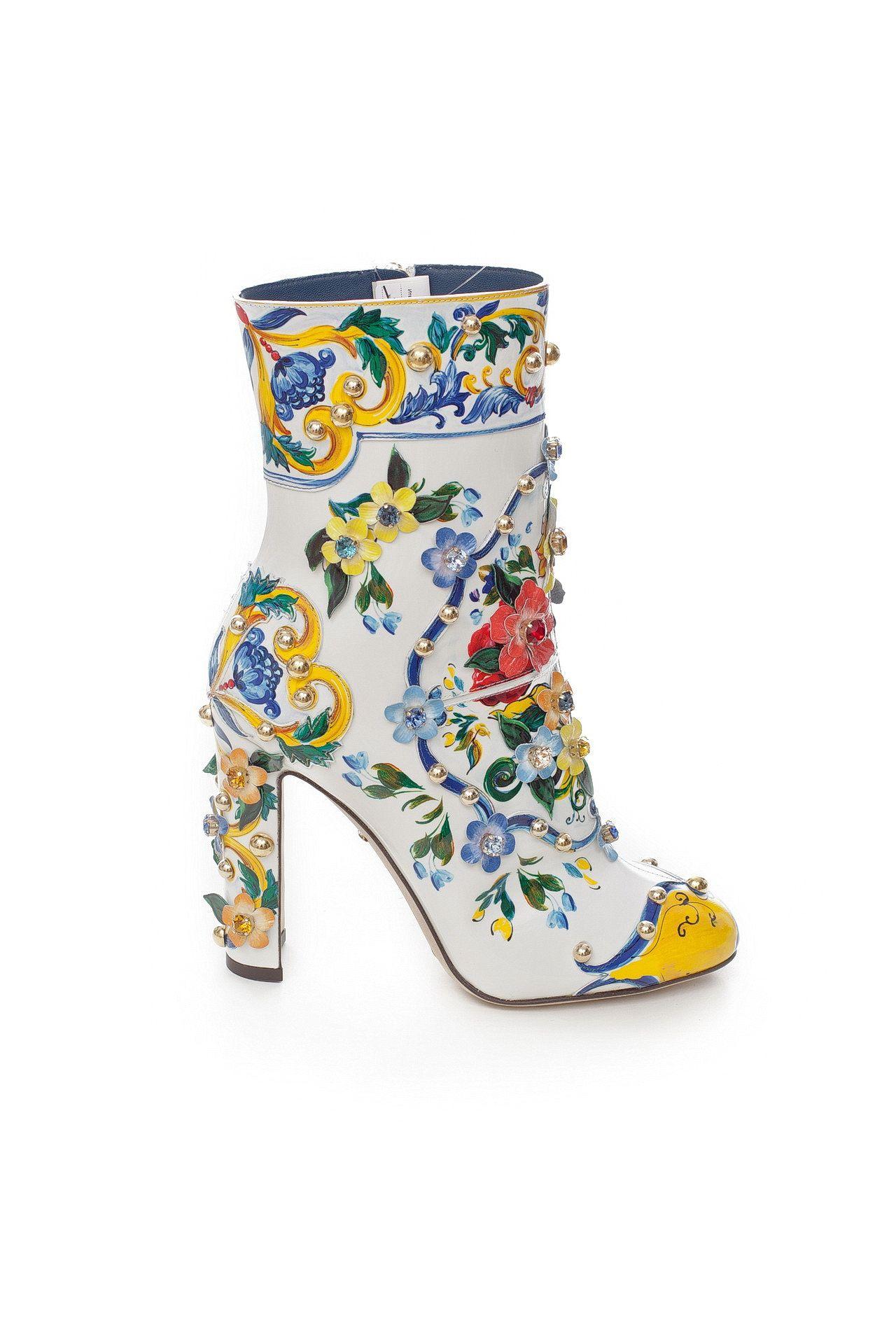 Rare! Dolce & Gabbana Majolica Painted Leather Embellished Ankle Boots 39 - 9 In New Condition In Montgomery, TX