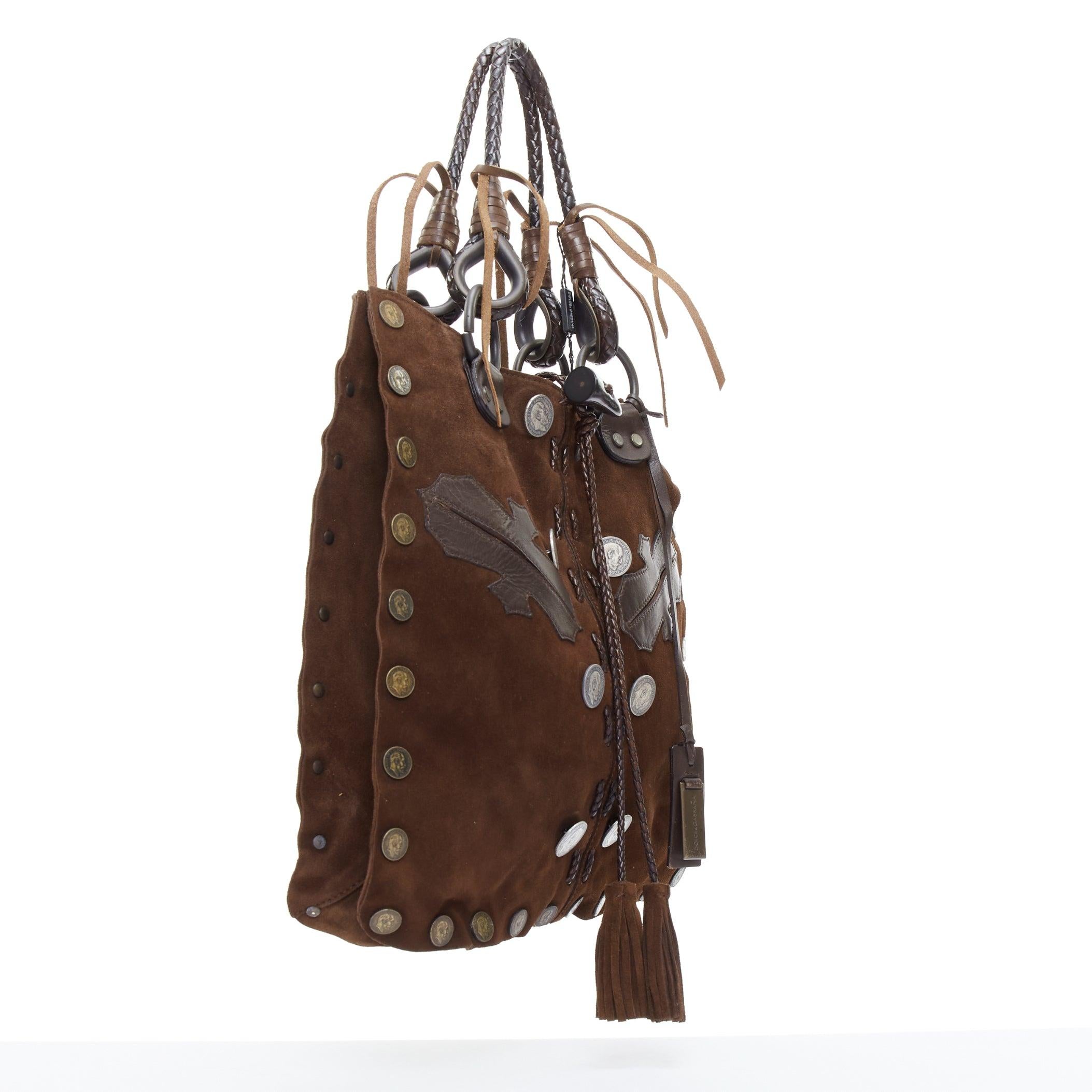 Black rare DOLCE GABBANA Vintage brown leather patch suede embellished tote bag