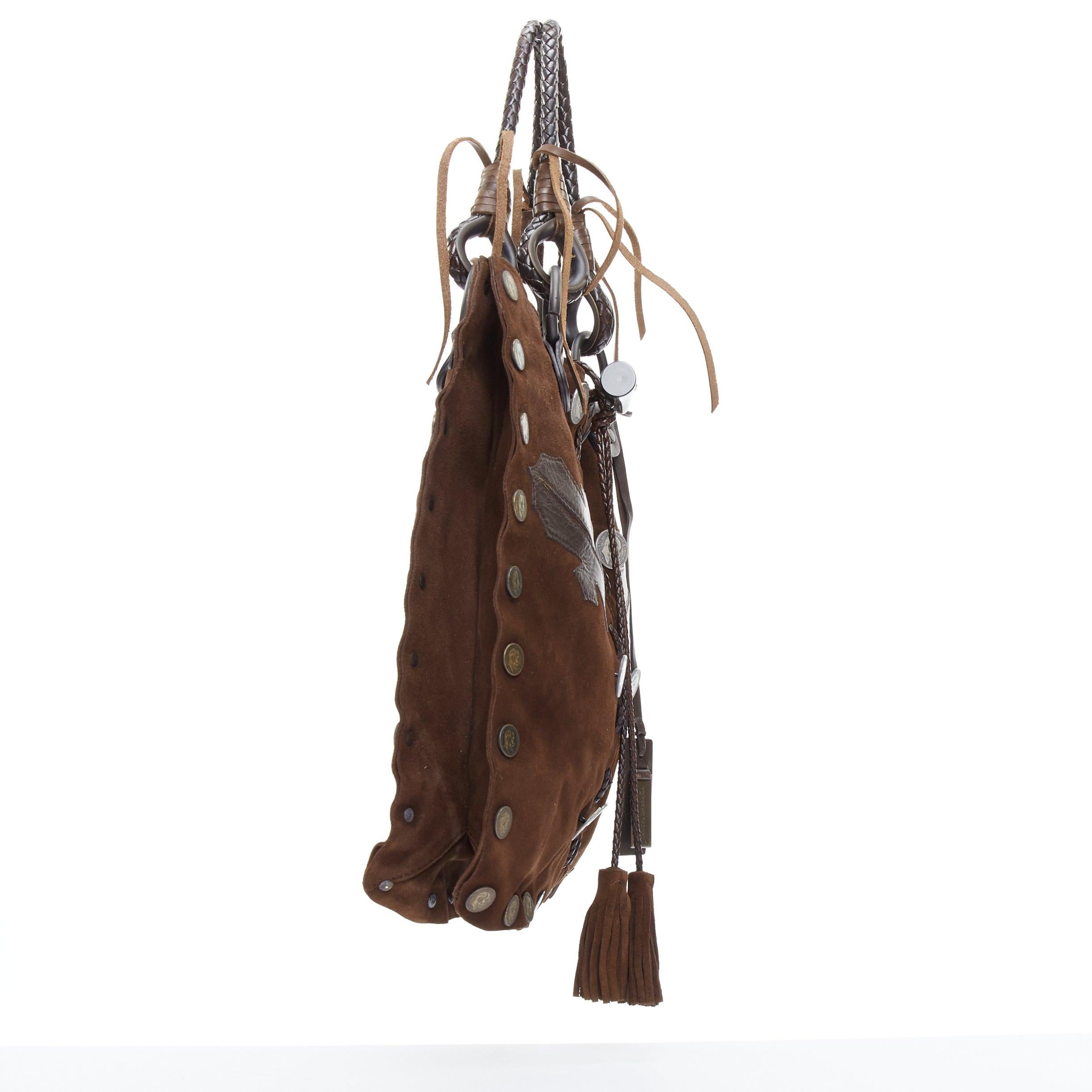 rare DOLCE GABBANA Vintage brown leather patch suede embellished tote bag In Good Condition In Hong Kong, NT