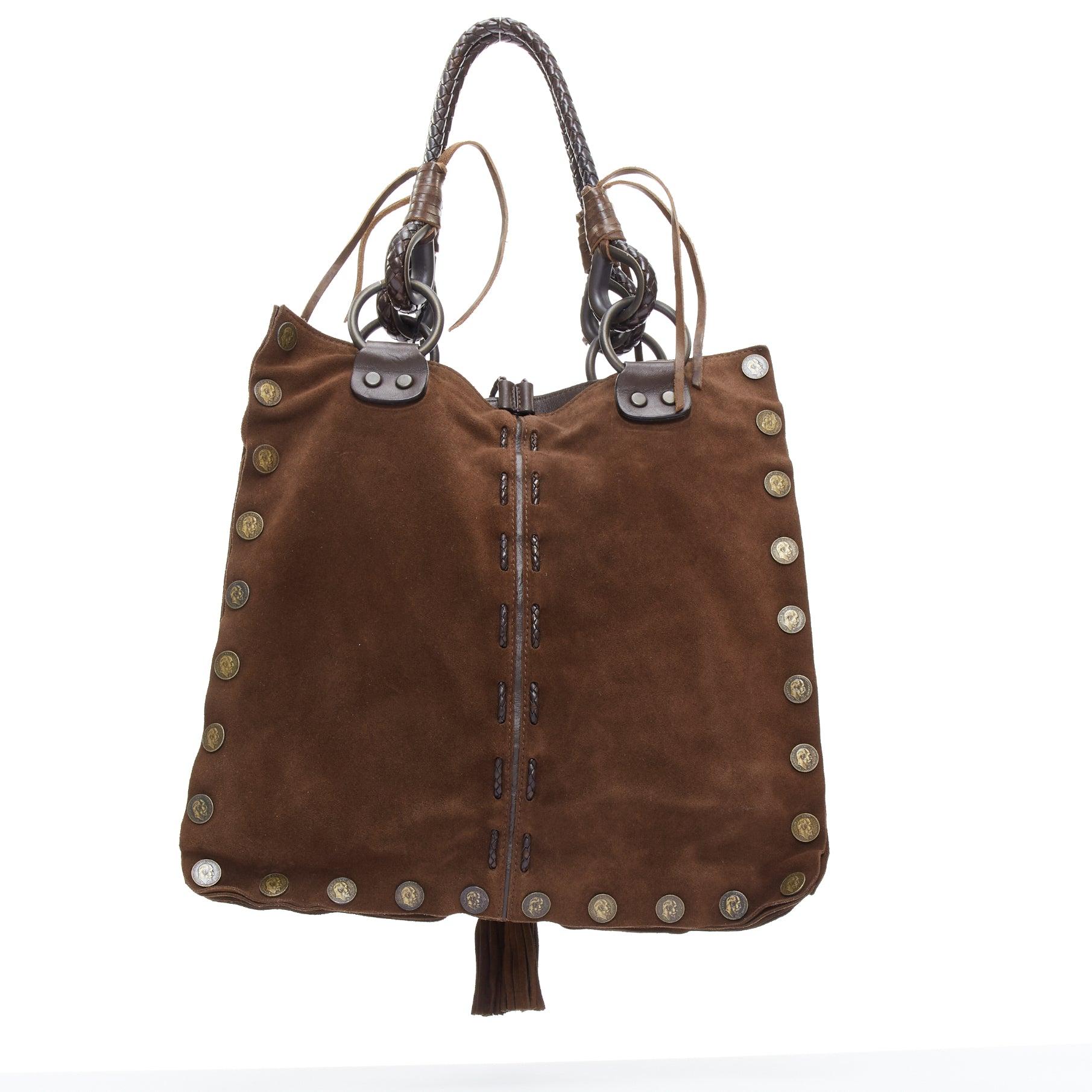Women's rare DOLCE GABBANA Vintage brown leather patch suede embellished tote bag