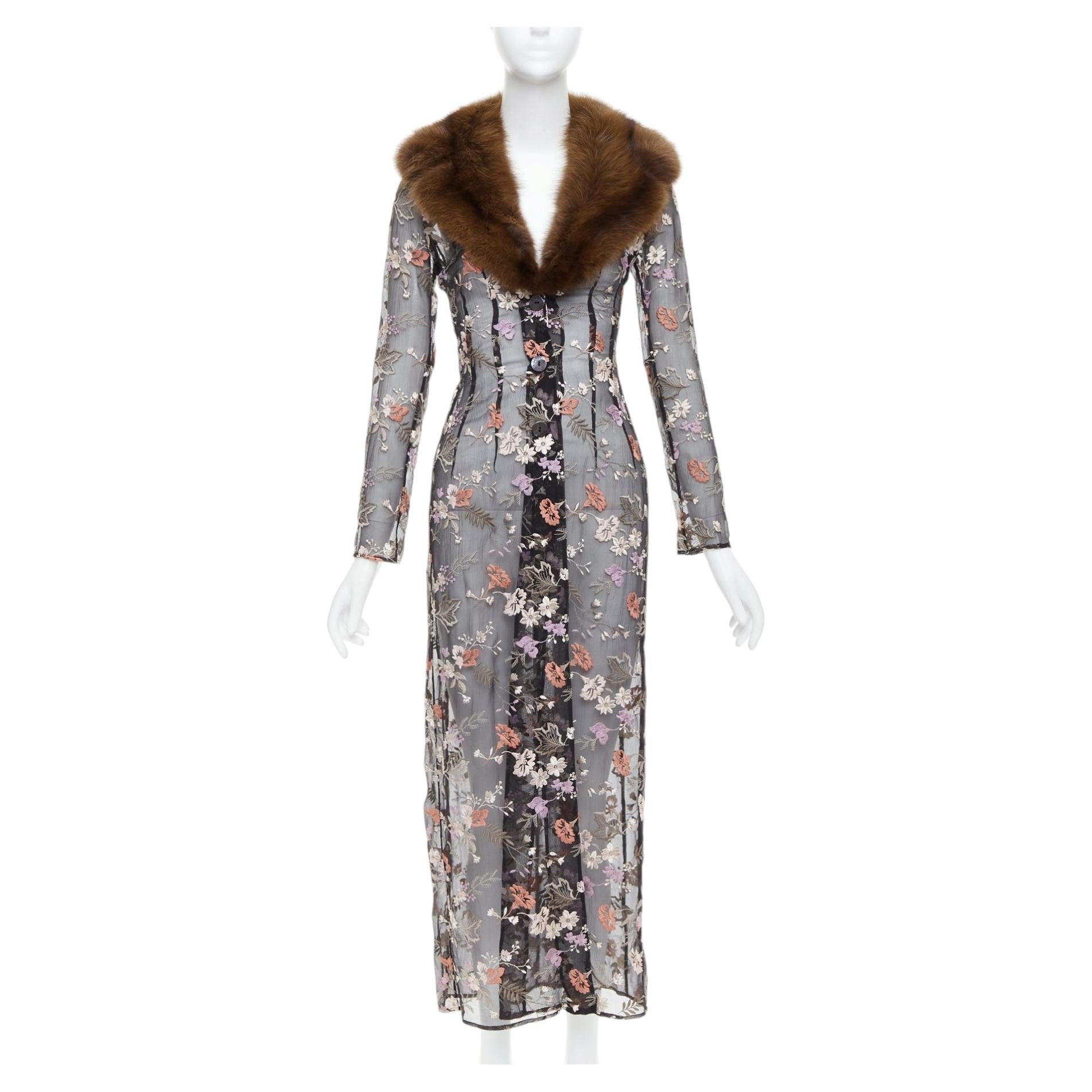 rare DOLCE GABBANA Vintage Runway fur collar floral embroidery sheer coat IT38