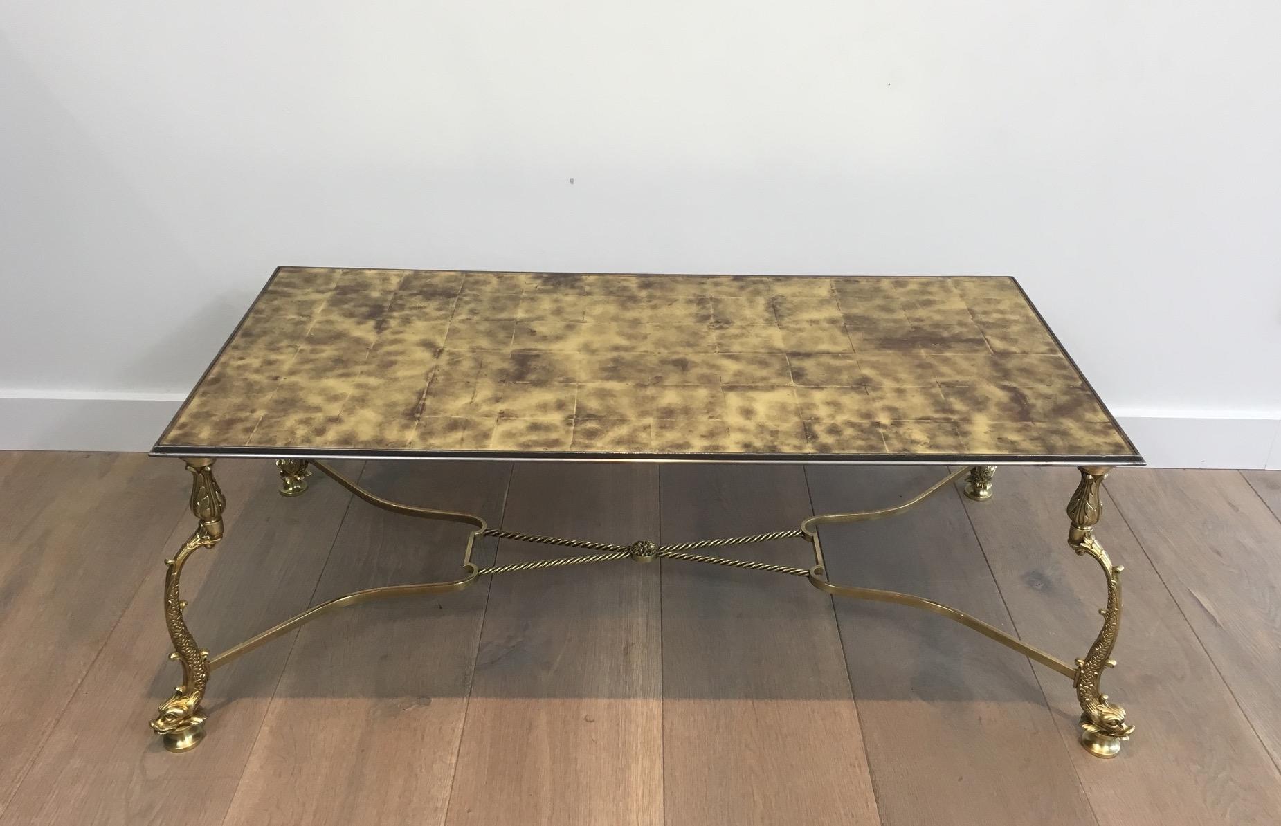 Rare Dolphins Neoclassical Brass Coffee Table with Beautiful Gilded Glass Top For Sale 11