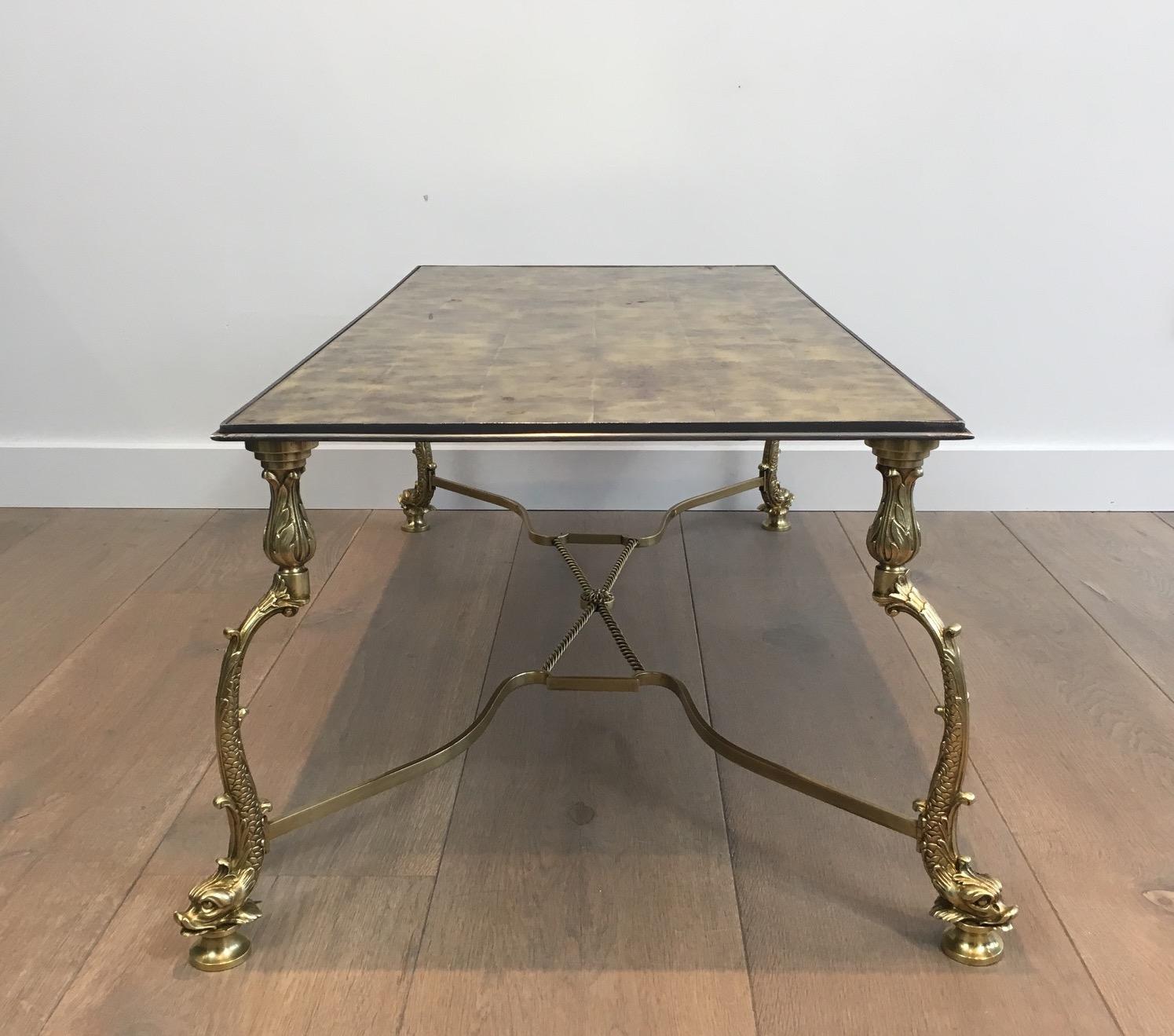 French Rare Dolphins Neoclassical Brass Coffee Table with Beautiful Gilded Glass Top For Sale
