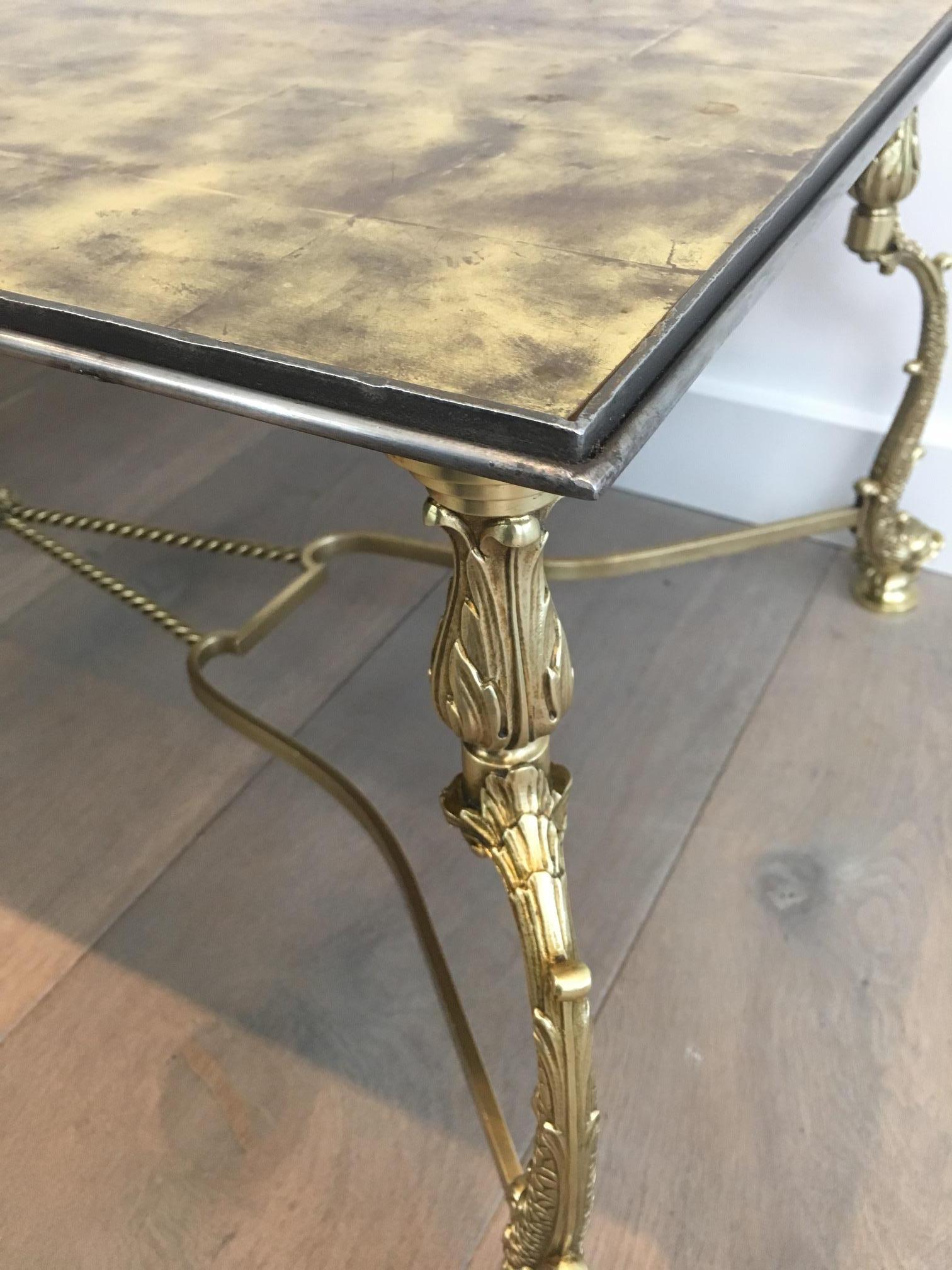 Rare Dolphins Neoclassical Brass Coffee Table with Beautiful Gilded Glass Top For Sale 3