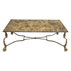 Rare Dolphins Neoclassical Brass Coffee Table with Beautiful Gilded Glass Top