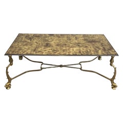 Rare Dolphins Neoclassical Brass Coffee Table with Beautiful Gilded Glass Top