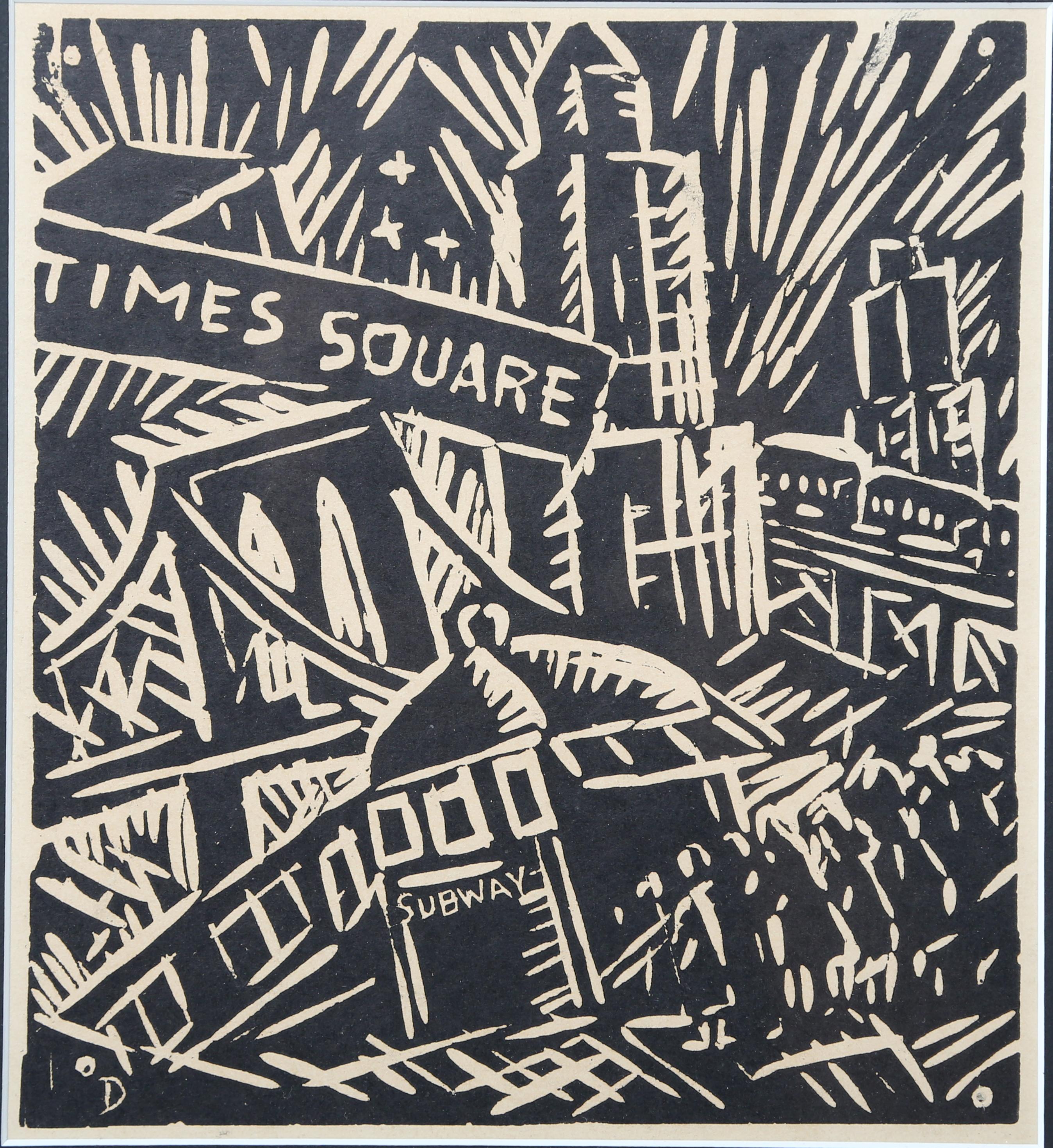 A Linoleum cut image depicting the Jazz age in Times Square.
Hidden beneath the mat in block letters XMAS 1926/MARY AND DONALD DESKEY.(see photo)
Similar graphics were used on matchboxes circa 1926-1927.,pictured in Donald Deskey Book by David