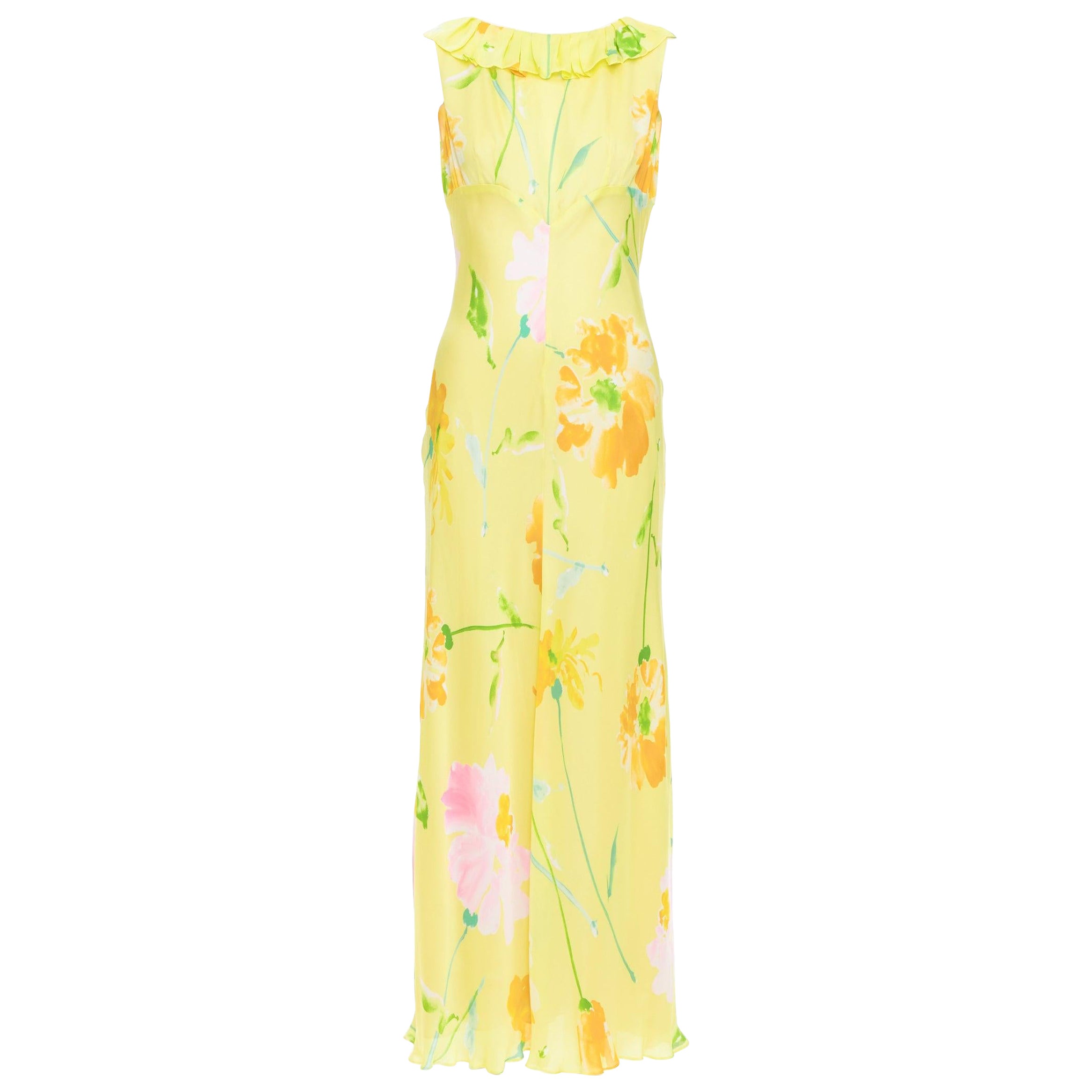 rare DONNA KARAN Vintage yellow floral print ruffle collar maxi dress