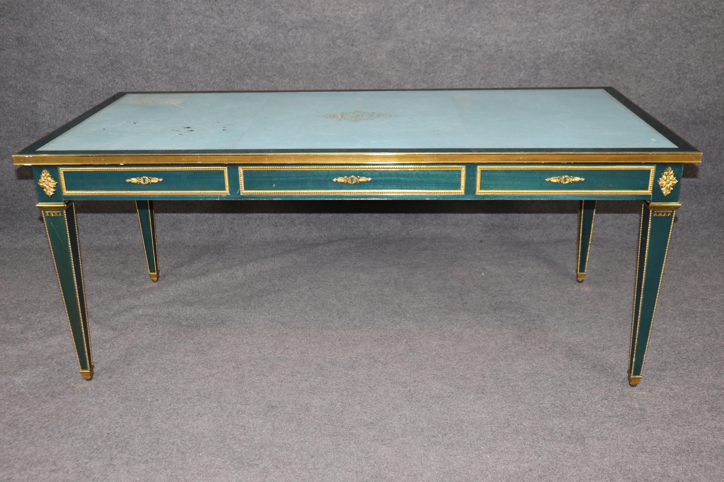 Français Bureau Plat de la Maison Jansen en cuir bleu-vert monté sur bronze