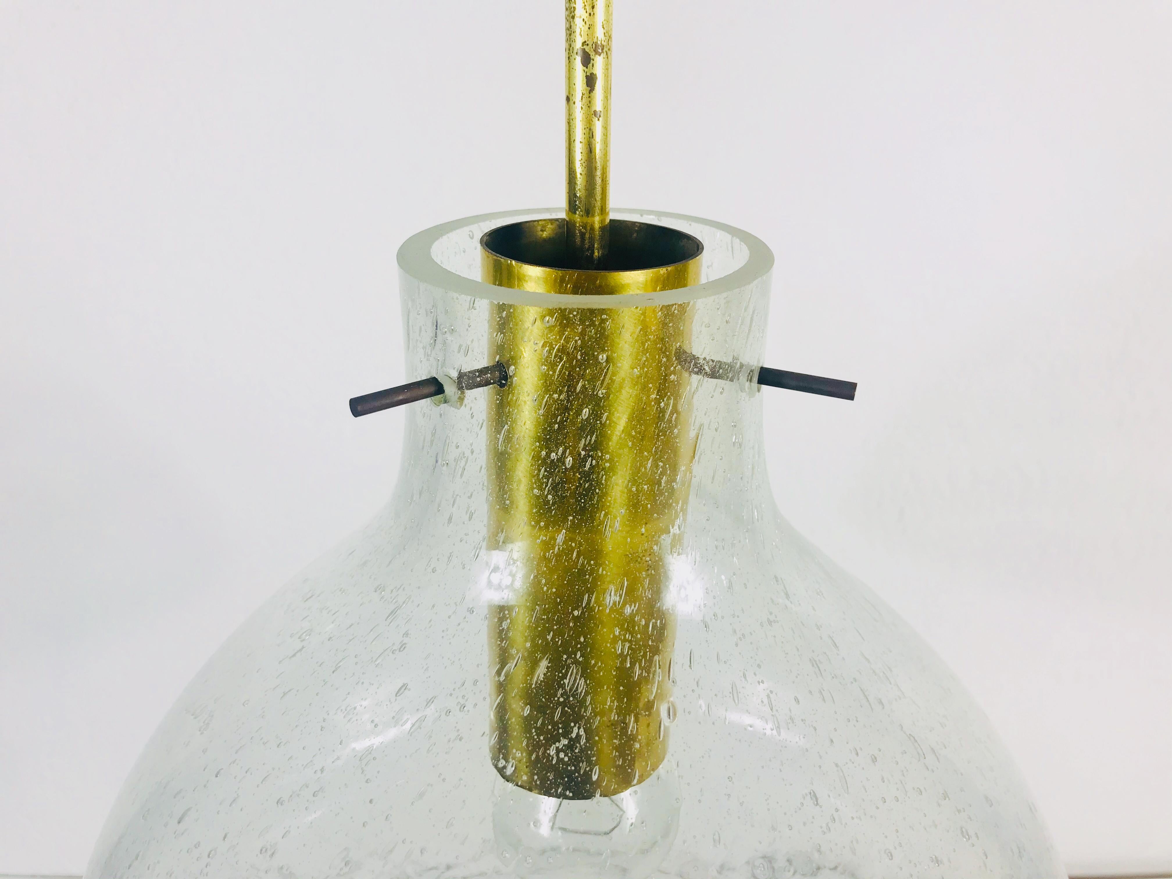 German Rare Doria Midcentury Brass and Ice Glass Pendant Lamp, 1960s For Sale