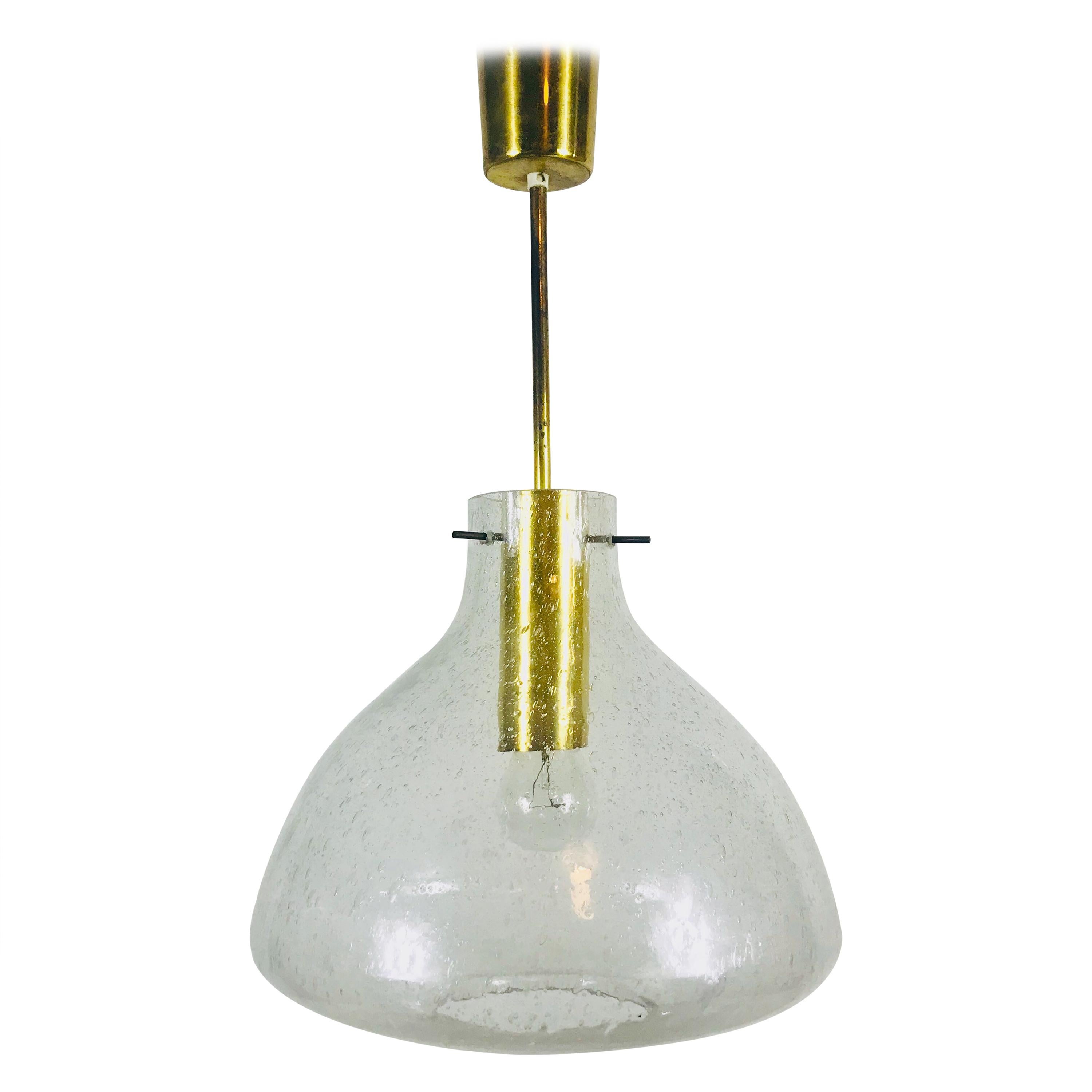 Rare Doria Midcentury Brass and Ice Glass Pendant Lamp, 1960s For Sale