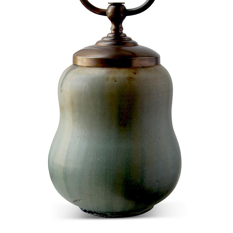 Scandinavian Modern Rare Double Gourd Table Lamp with Layered Green Glazes by Arne Bang For Sale