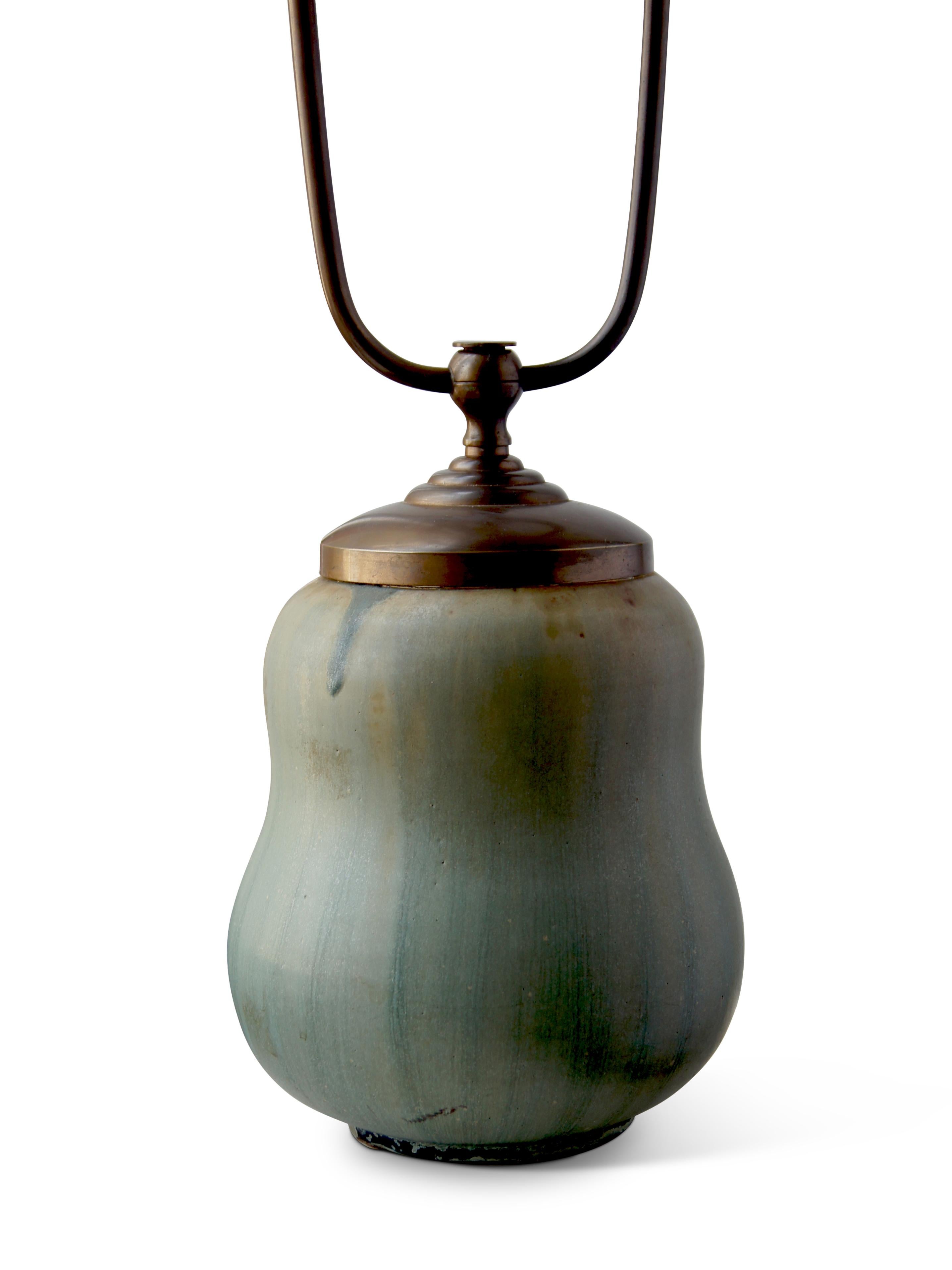 Glazed Rare Double Gourd Table Lamp with Layered Green Glazes by Arne Bang For Sale