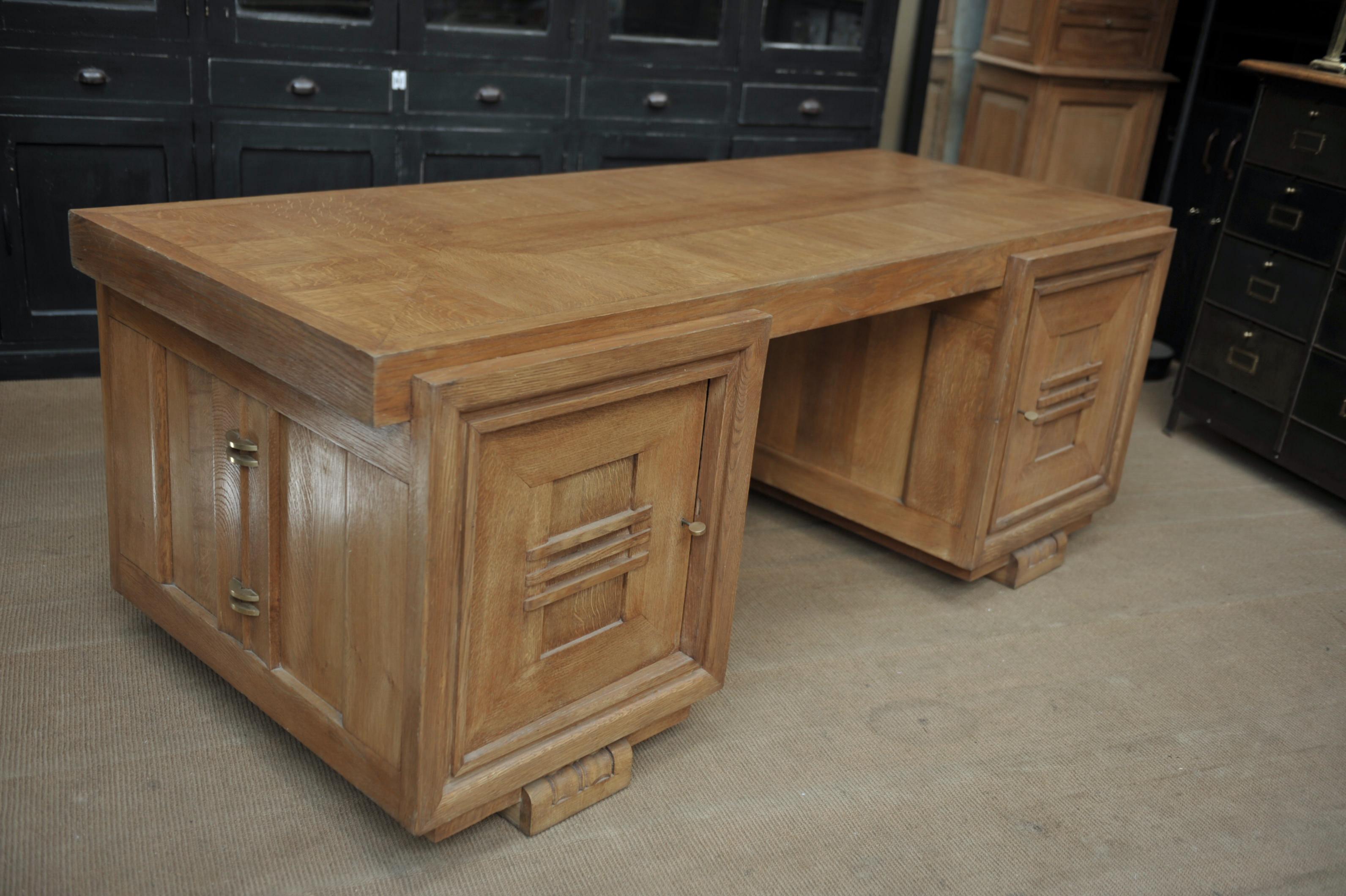 Rare Double Side Desk in Oak by Charles Dudouyt, circa 1940 For Sale 11