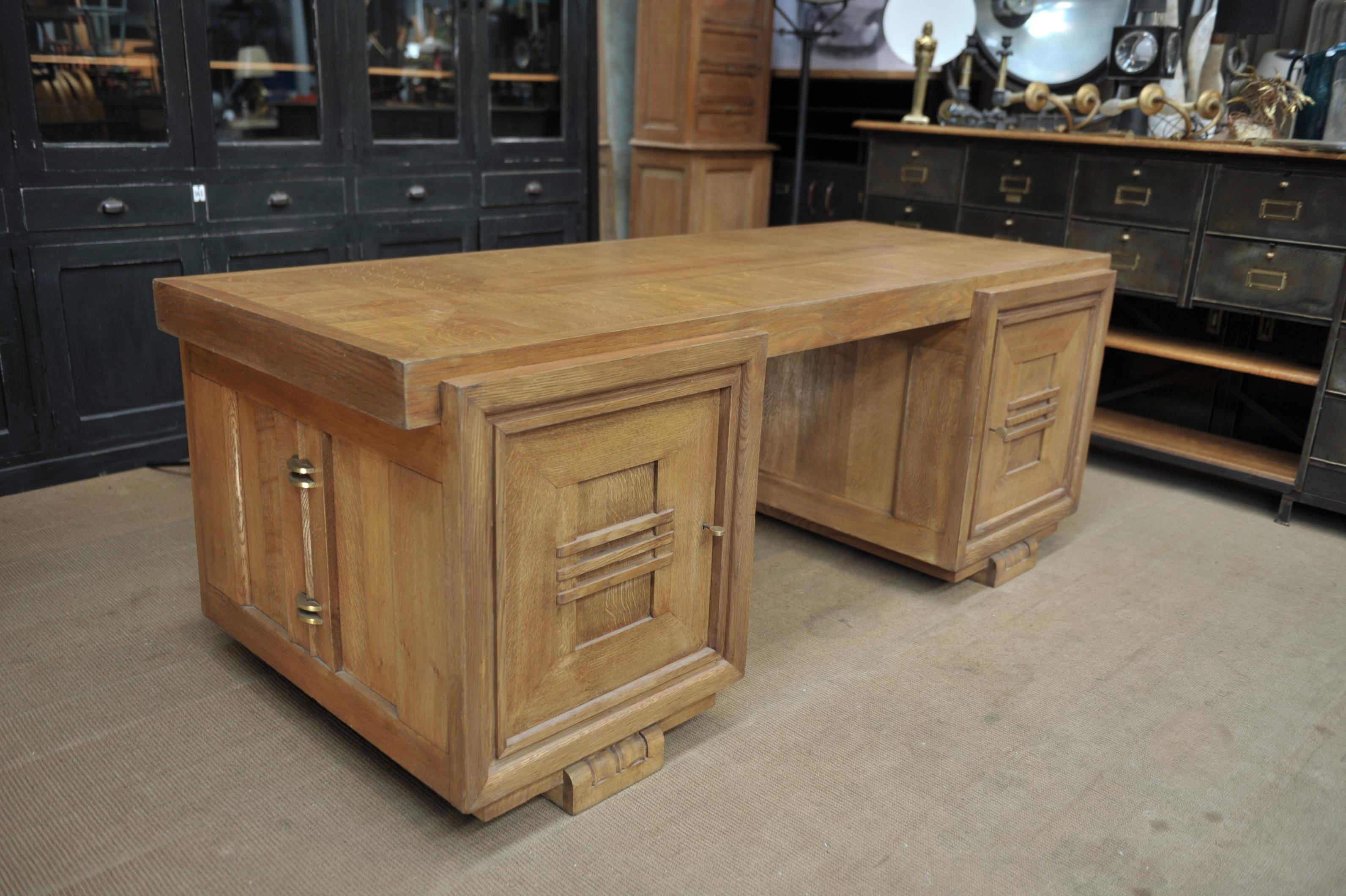 Mid-Century Modern Rare Double Side Desk in Oak by Charles Dudouyt, circa 1940 For Sale