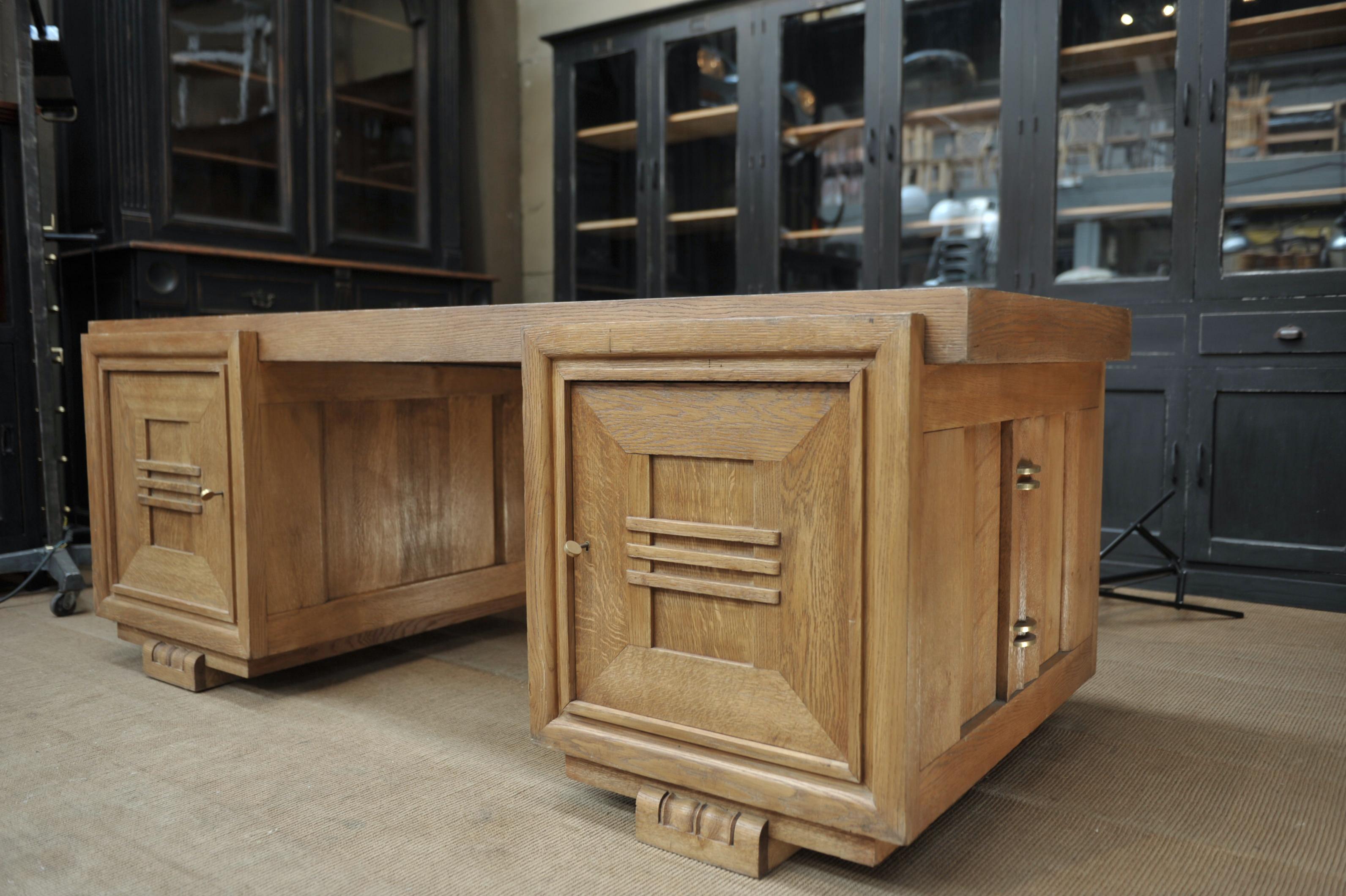 French Rare Double Side Desk in Oak by Charles Dudouyt, circa 1940 For Sale