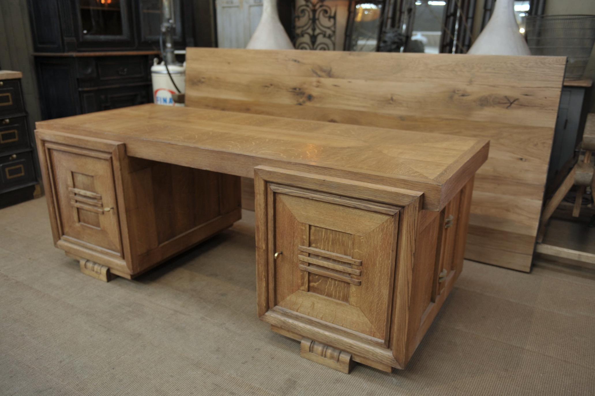 French Rare Double Side Desk in Oak by Charles Dudouyt, circa 1940