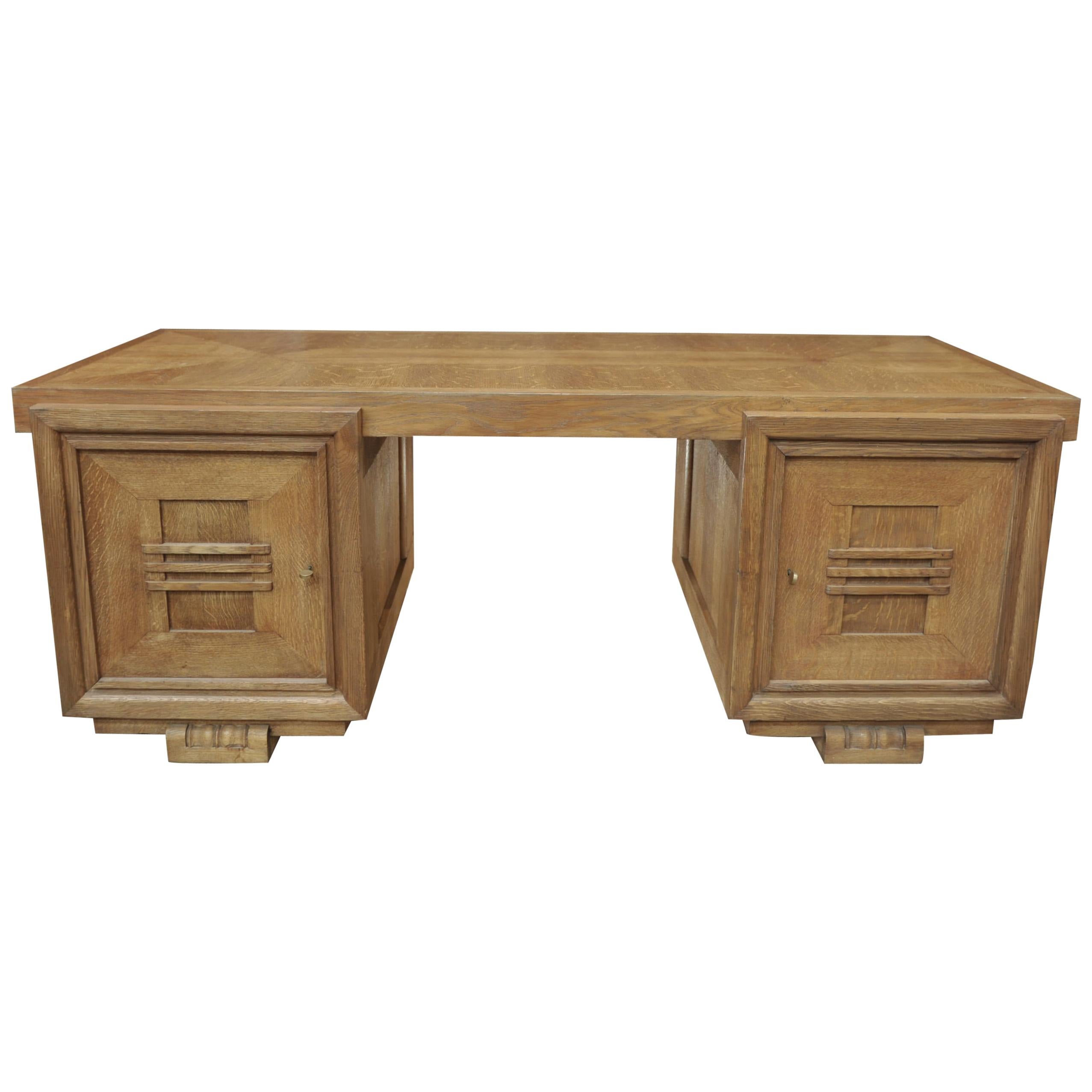 Rare Double Side Desk in Oak by Charles Dudouyt, circa 1940 For Sale