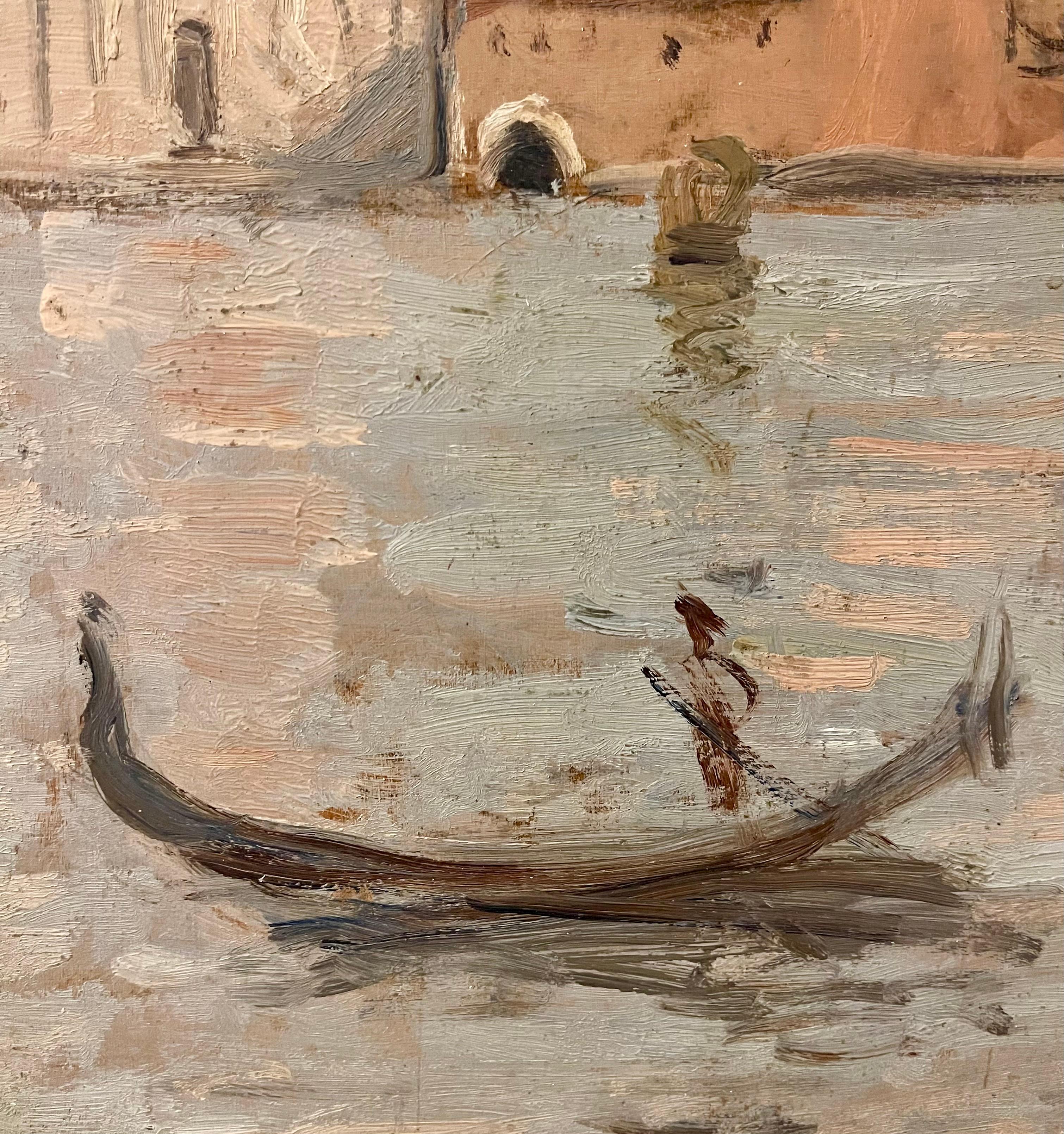 Mid-20th Century Rare Double-Sided Venetian Painting by Bessie Gibson – Gondolier and Market For Sale