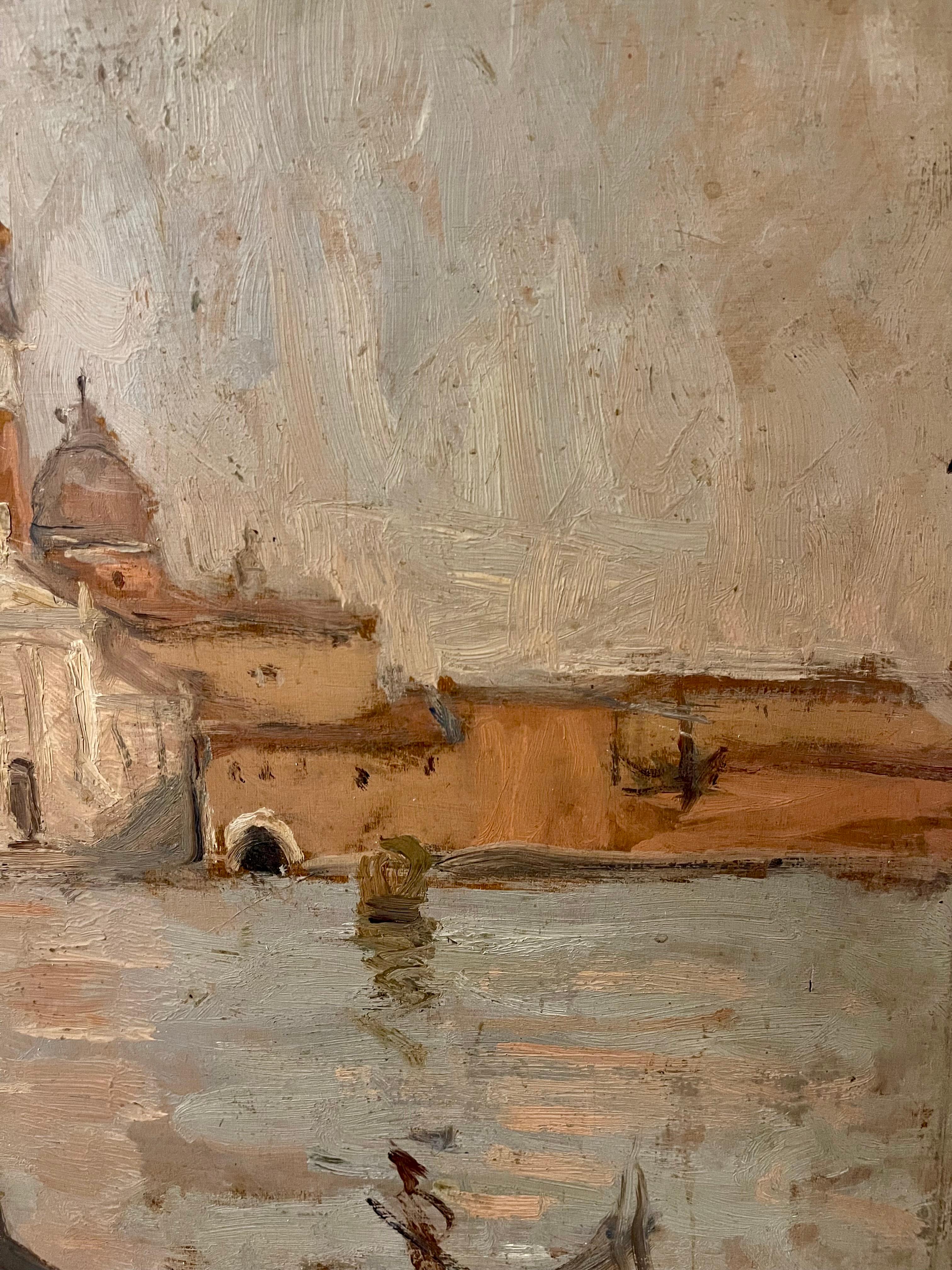 Canvas Rare Double-Sided Venetian Painting by Bessie Gibson – Gondolier and Market For Sale