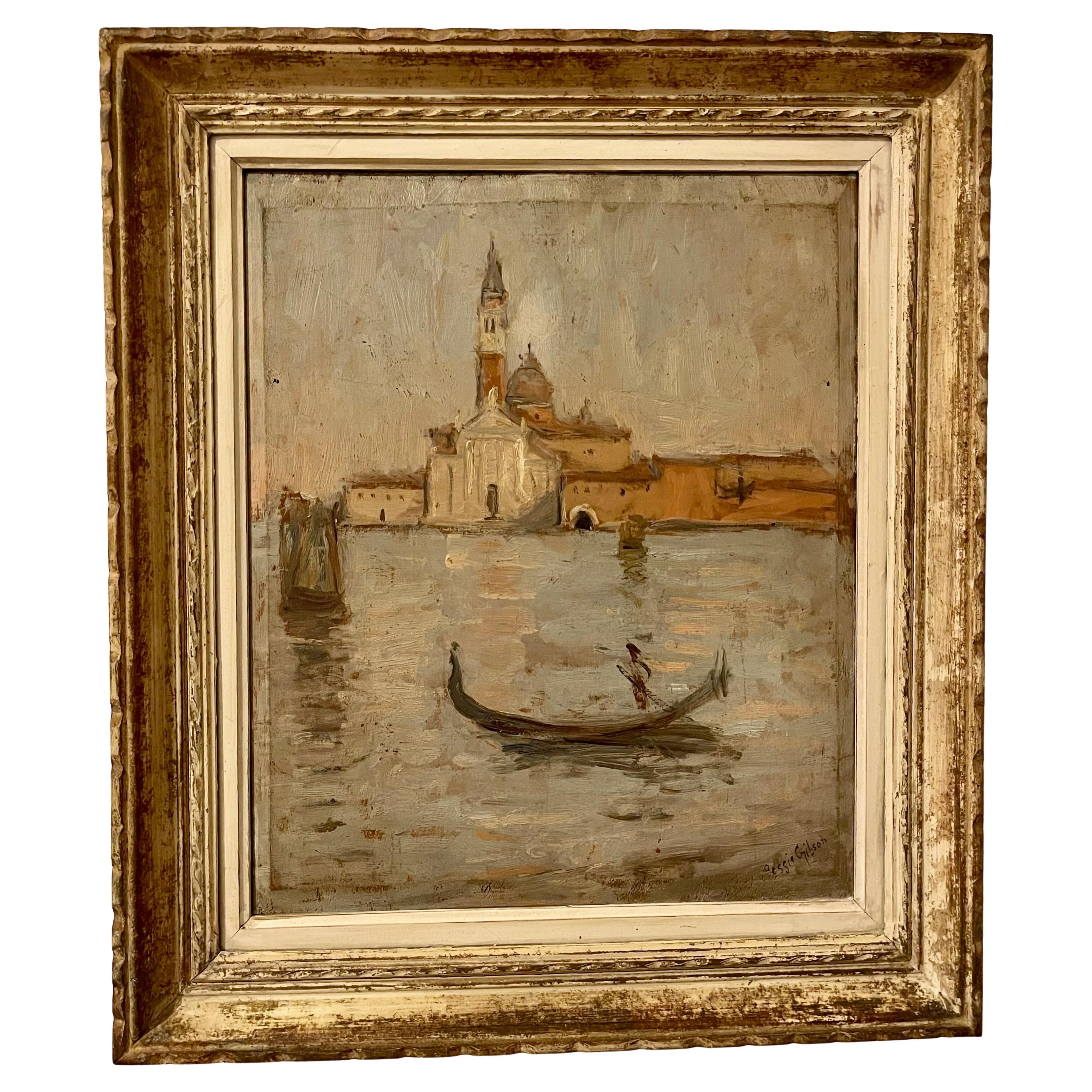 Rare Double-Sided Venetian Painting by Bessie Gibson – Gondolier and Market