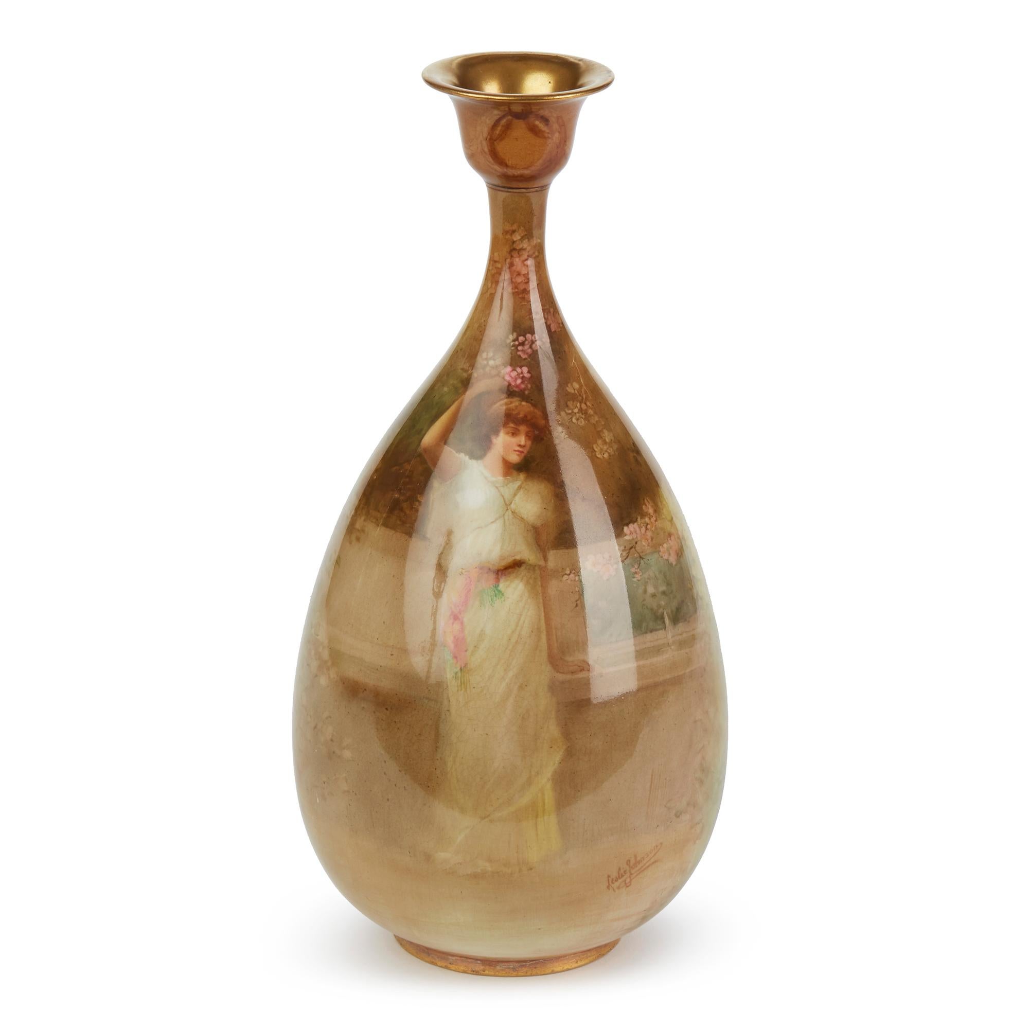 An exceptional and rare Doulton Burslem Luscian ware tear drop shaped vase handpainted by renowned miniature and historical artist Leslie Johnson dating between 1891 and 1902. The tall and elegantly shaped vase has a large body with slender neck and