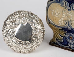 Rare Doulton Lambeth John Broad Stoneware Silver Mounted Mottoware Inkwell