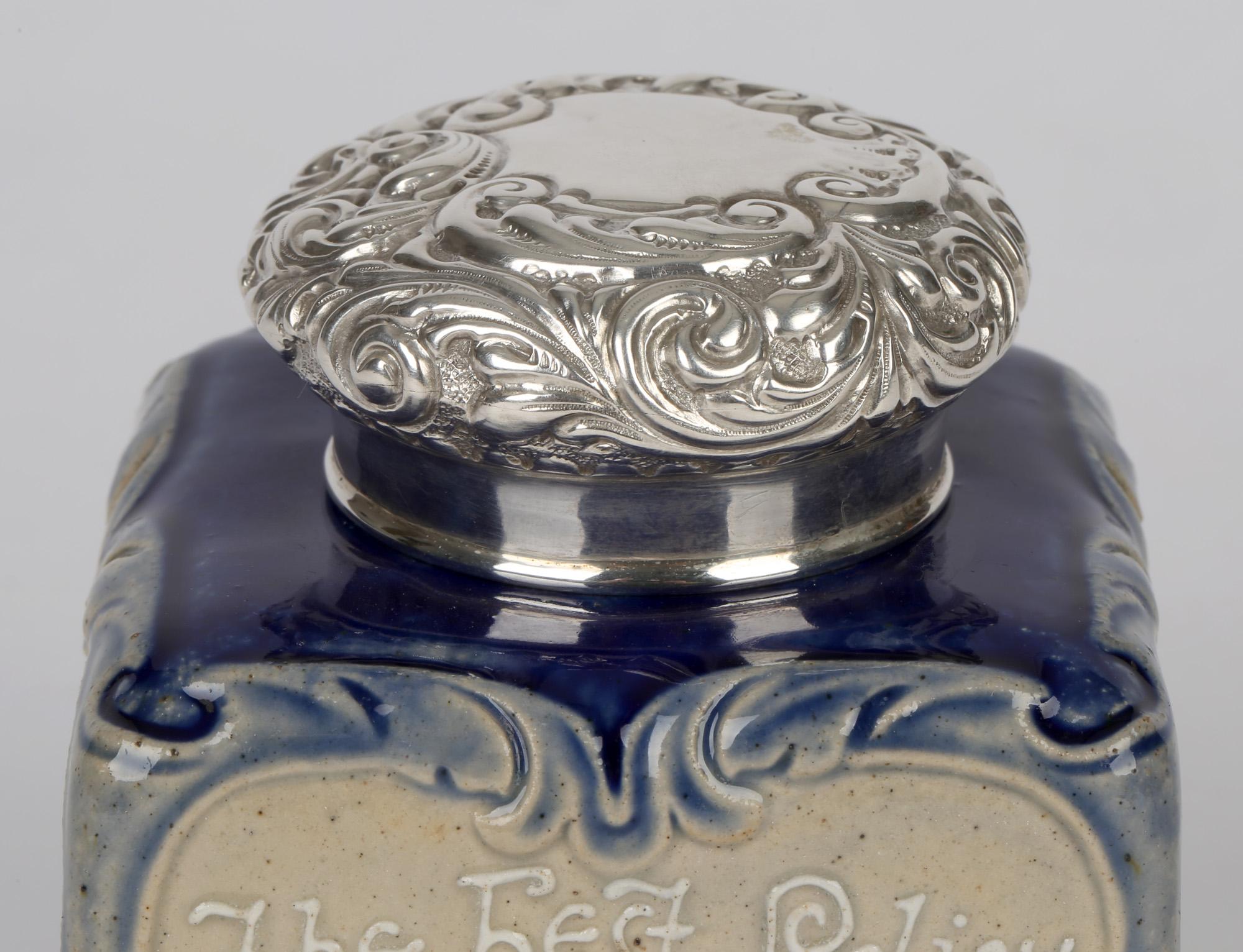 Late 19th Century Rare Doulton Lambeth John Broad Stoneware Silver Mounted Mottoware Inkwell