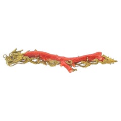 Rare Dragon Mediterranean Coral and 14K Yellow Gold Brooch, 1970's.