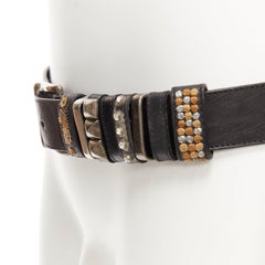 rare DRIES VAN NOTEN black leather beige mixed studs multi loop belt 85cm