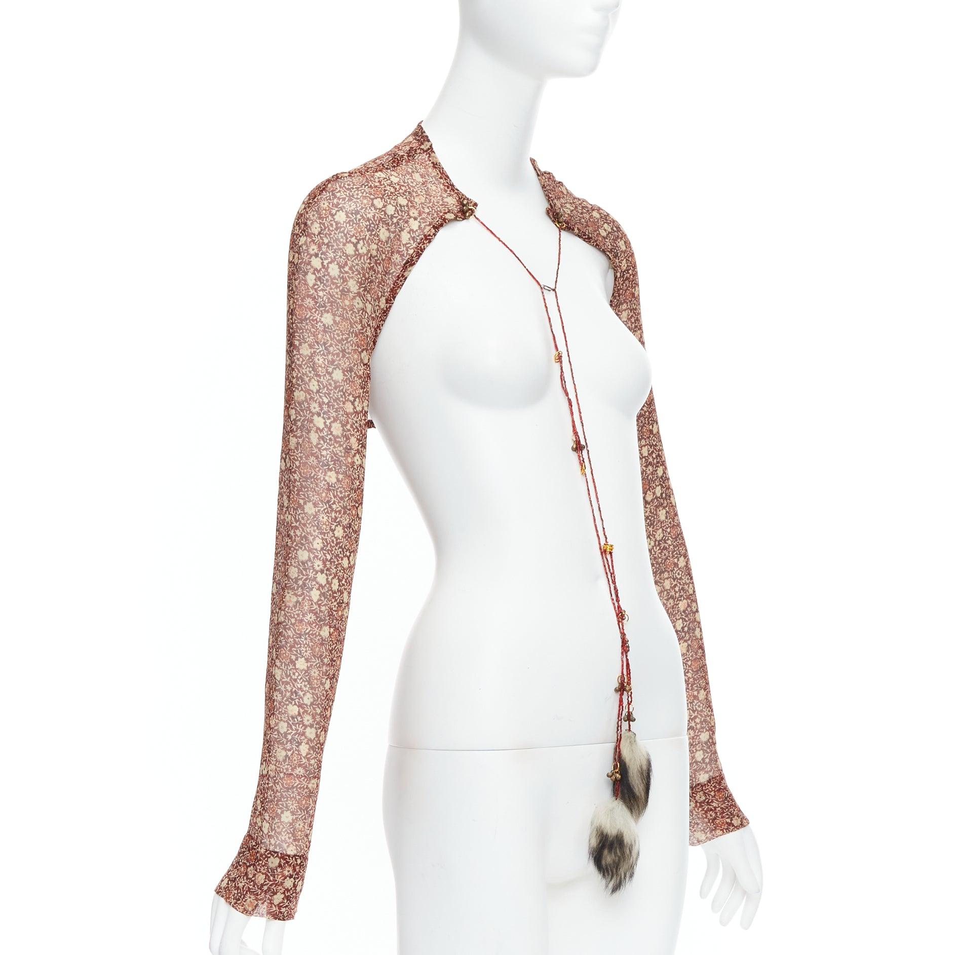 Beige rare DRIES VAN NOTEN Vintage 90s 100% silk ethnic charm floral crop top FR36 S For Sale