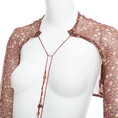 rare DRIES VAN NOTEN Vintage 90s brown silk fur charm floral crop top FR36 S