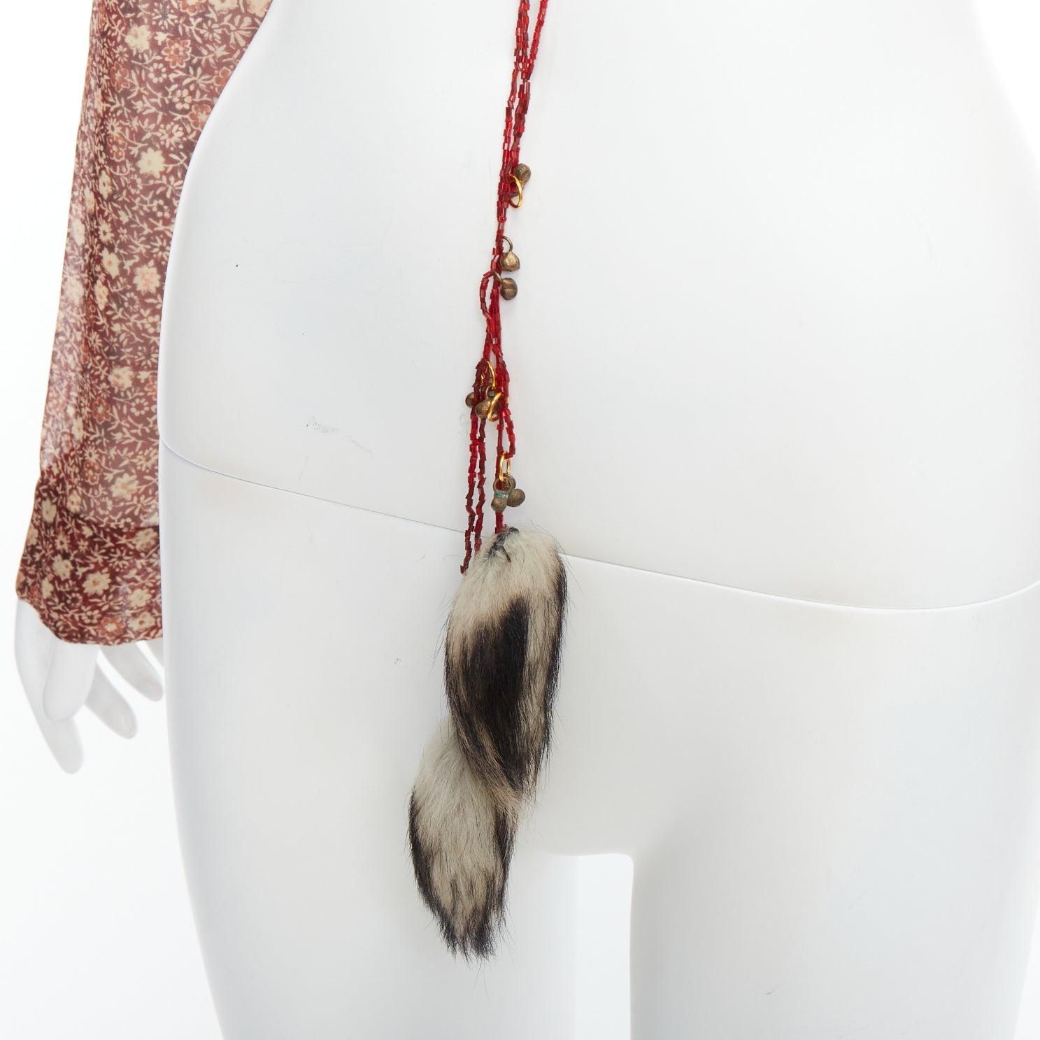 rare DRIES VAN NOTEN Vintage 90s brown silk fur charm floral crop top FR36 S 3
