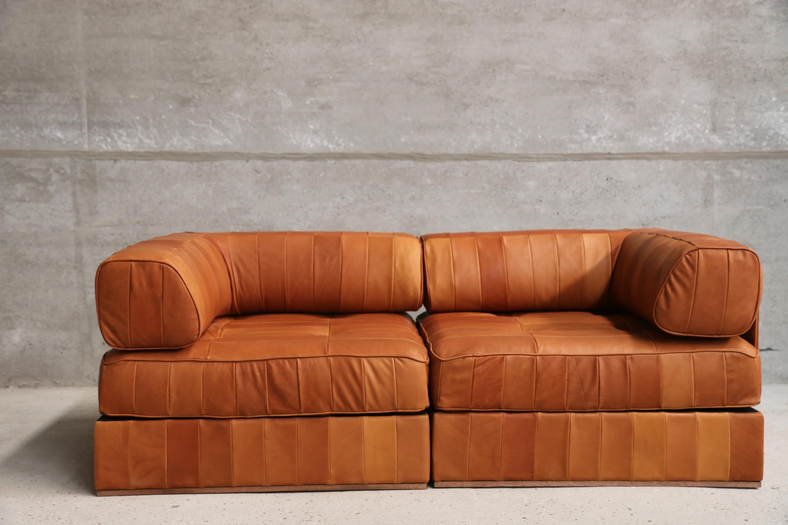 Mid-Century Modern Rare Ds88 Cognac Leather Patchwork Love Seat De Sede Swiss For Sale