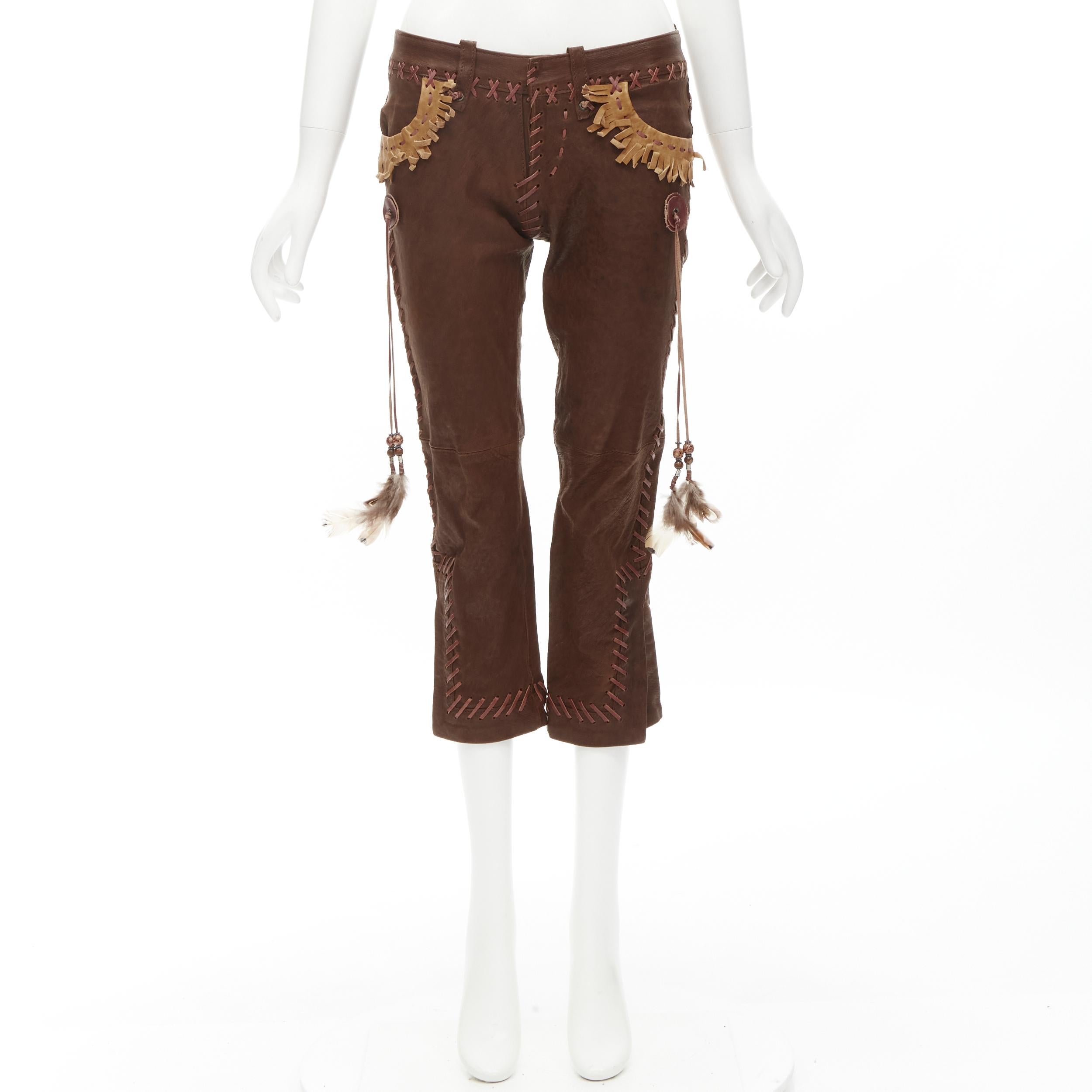 rare DSQUARED2 2005 Native American brown leather whipstitched pants IT38 S 4