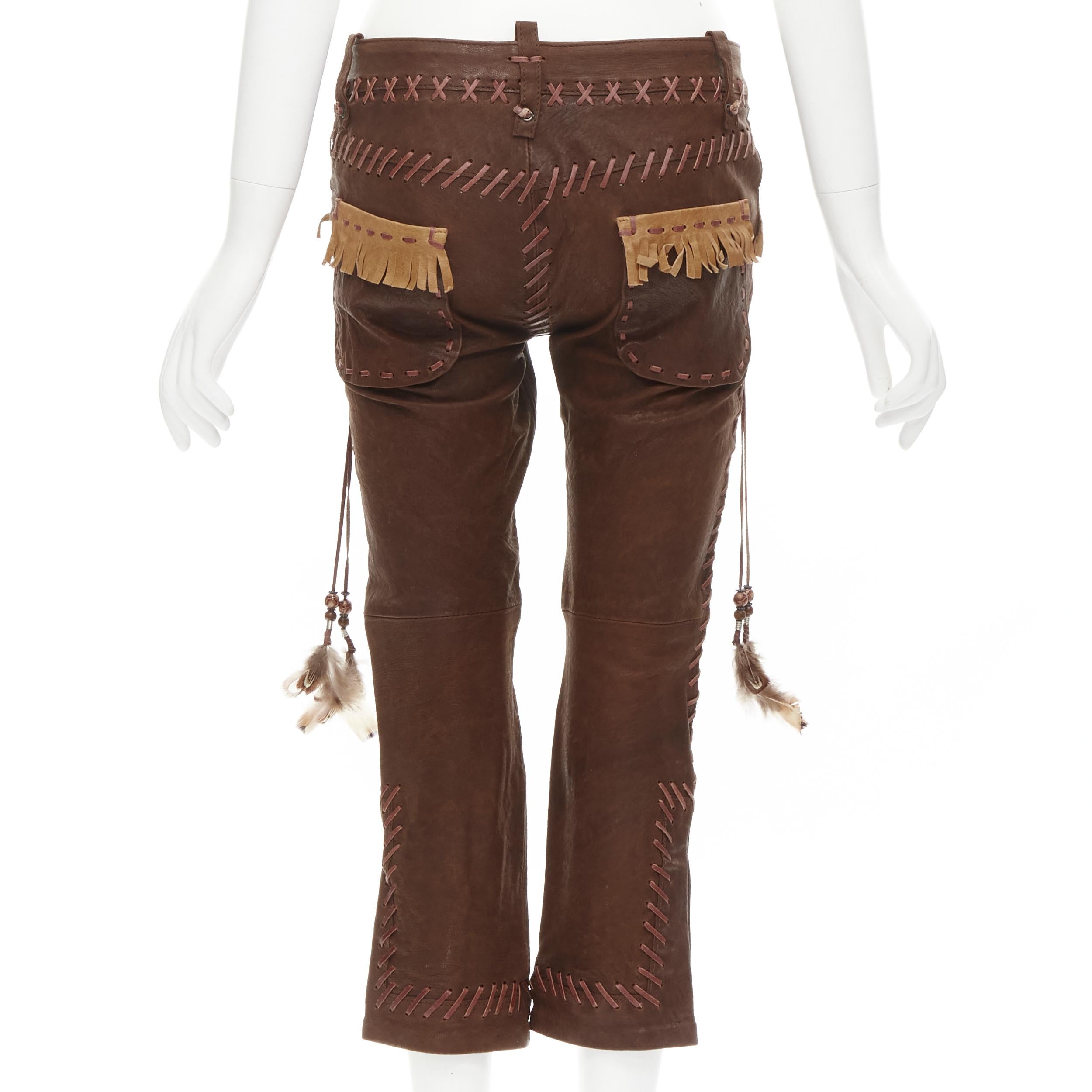 rare DSQUARED2 2005 Native American brown leather whipstitched pants IT38 S In Excellent Condition In Hong Kong, NT