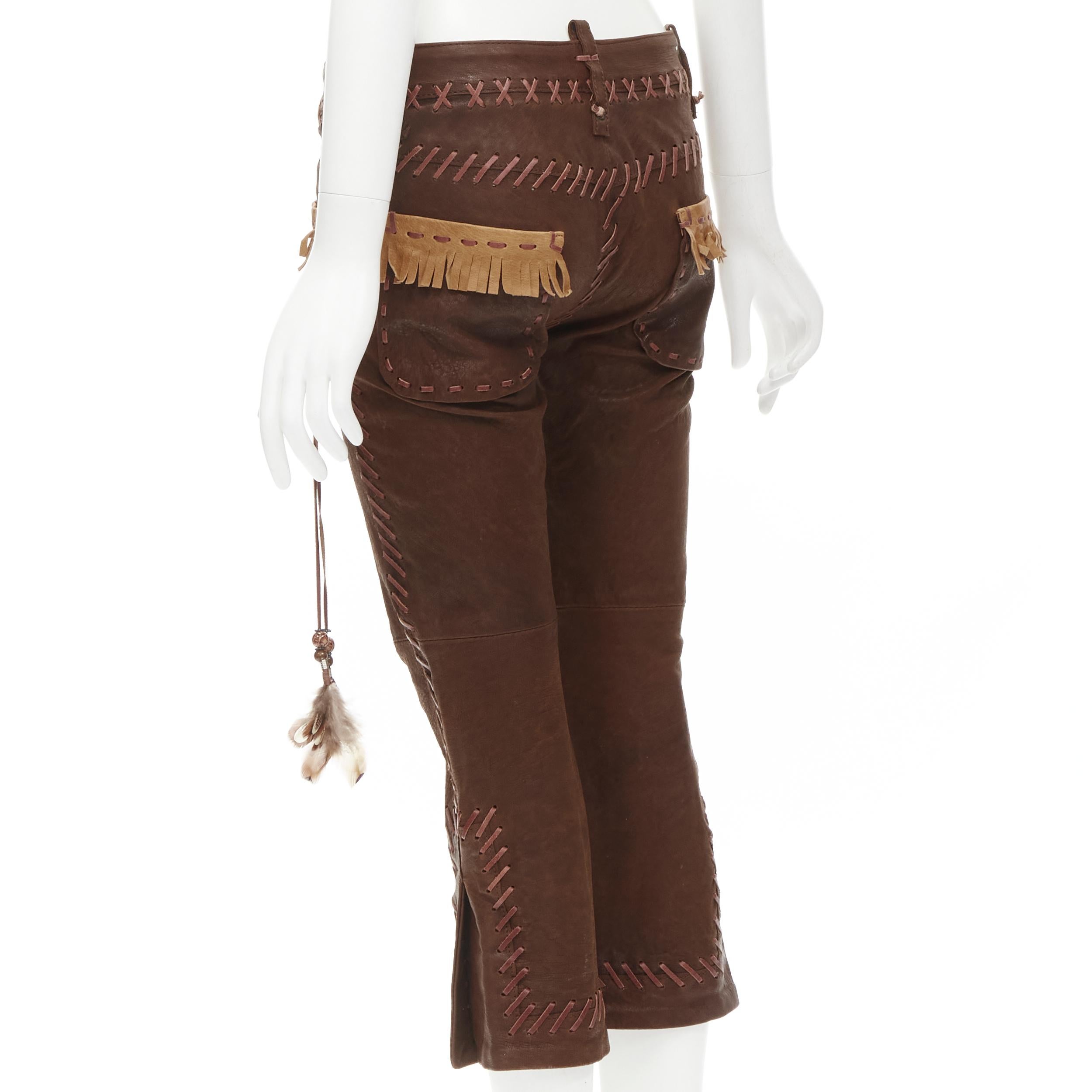 Women's rare DSQUARED2 2005 Native American brown leather whipstitched pants IT38 S