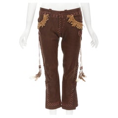 DSQUARED2 - Pantalon en cuir marron amérindien surpiqué de foulard, taille IT 38, 2005