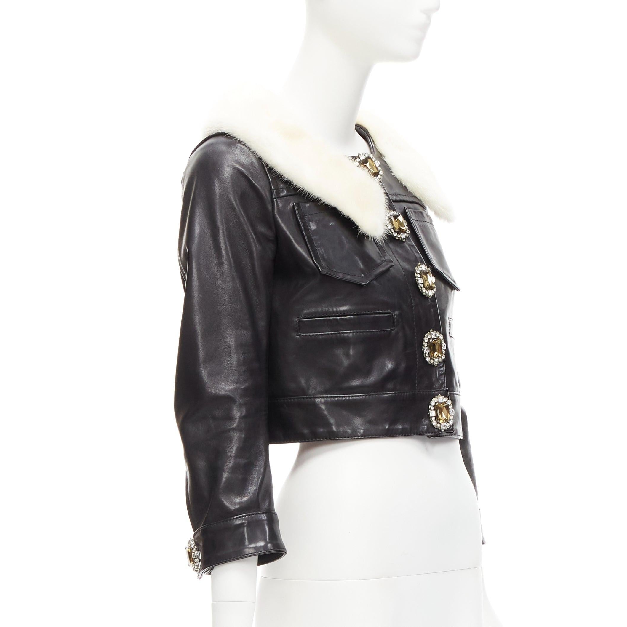 Black rare DSQUARED2 asymmetric fur collar jewel button cropped leather jacket IT40 S For Sale