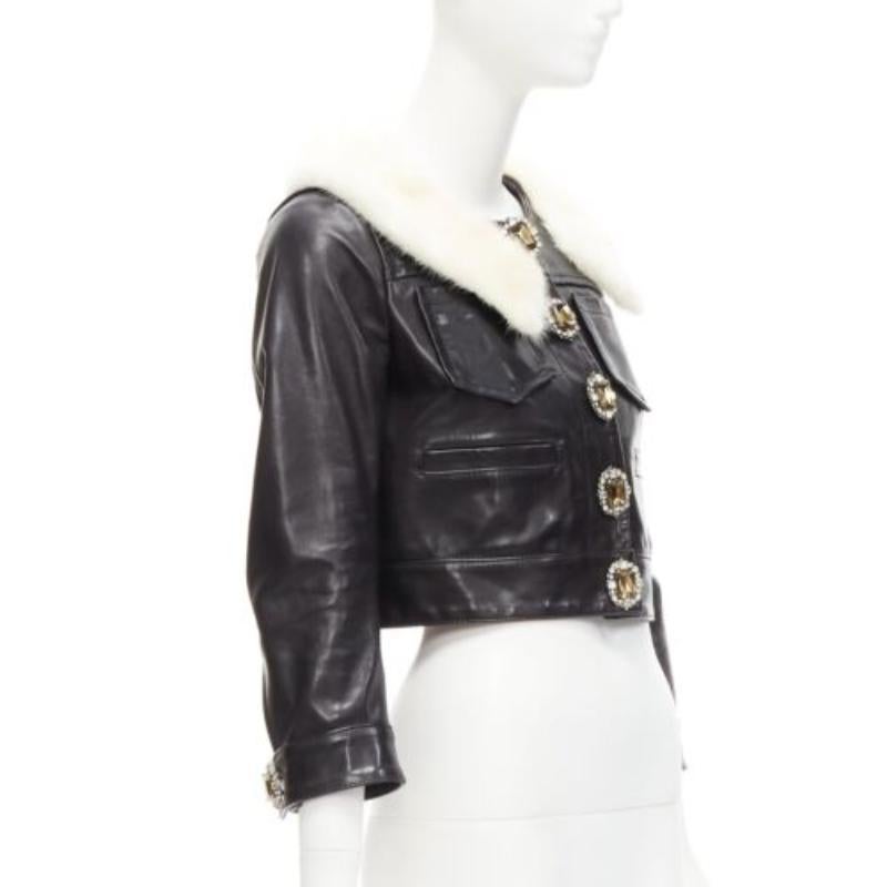Nero raro DSQUARED2 asimmetrico collo di pelliccia bottoni gioiello giacca di pelle cropped IT40 S in vendita