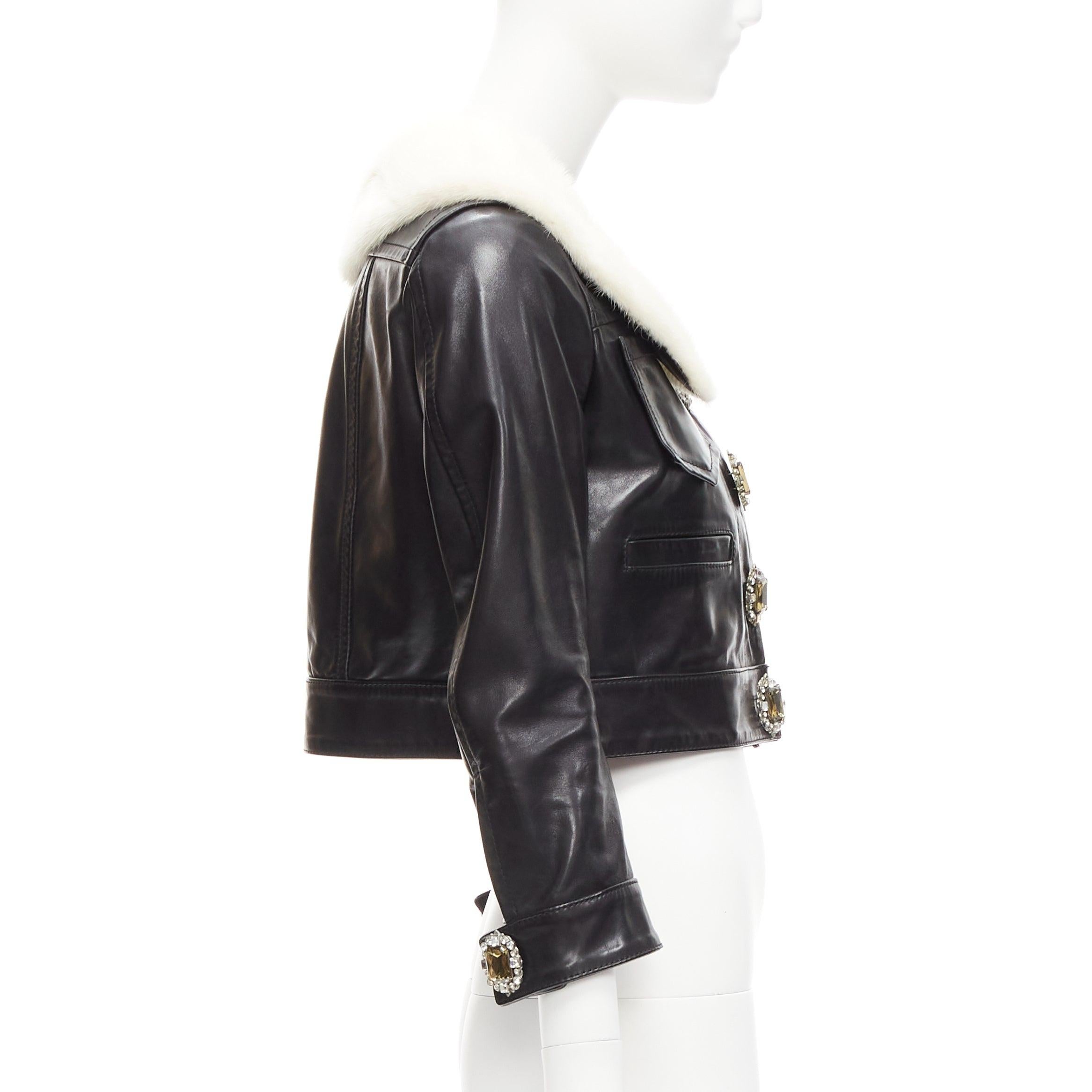 rare DSQUARED2 asymmetric fur collar jewel button cropped leather jacket IT40 S In Good Condition For Sale In Hong Kong, NT