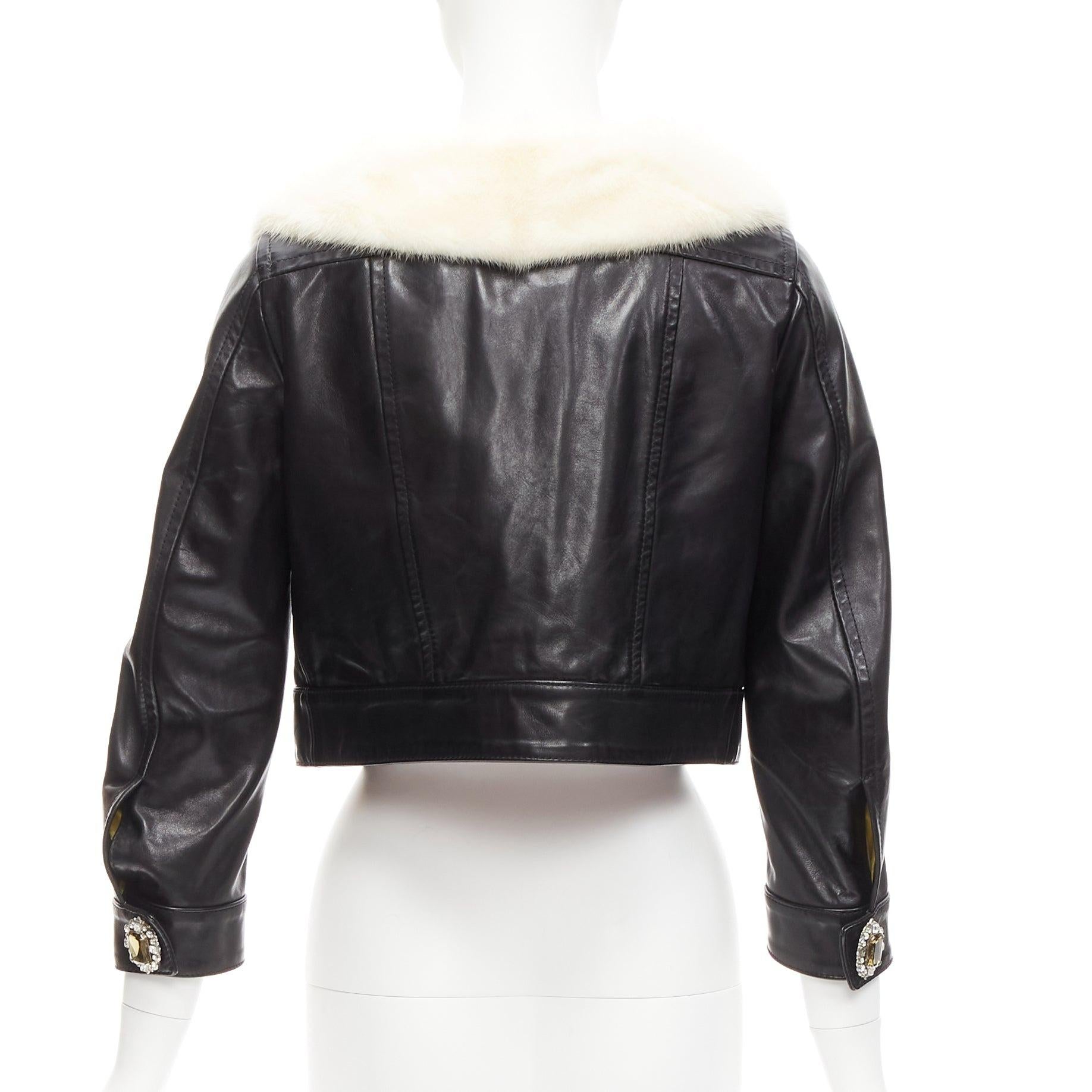 Women's rare DSQUARED2 asymmetric fur collar jewel button cropped leather jacket IT40 S For Sale