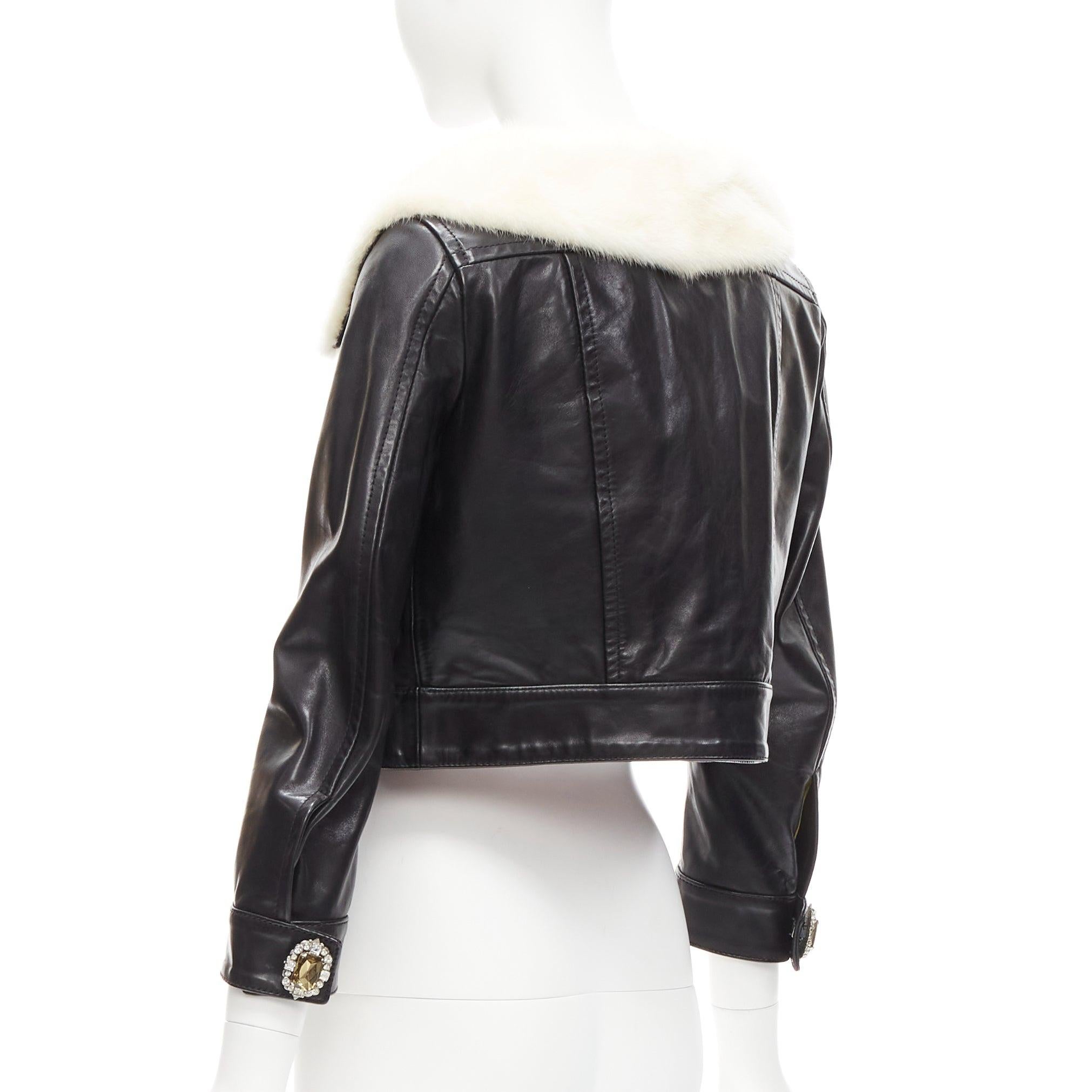 rare DSQUARED2 asymmetric fur collar jewel button cropped leather jacket IT40 S For Sale 1