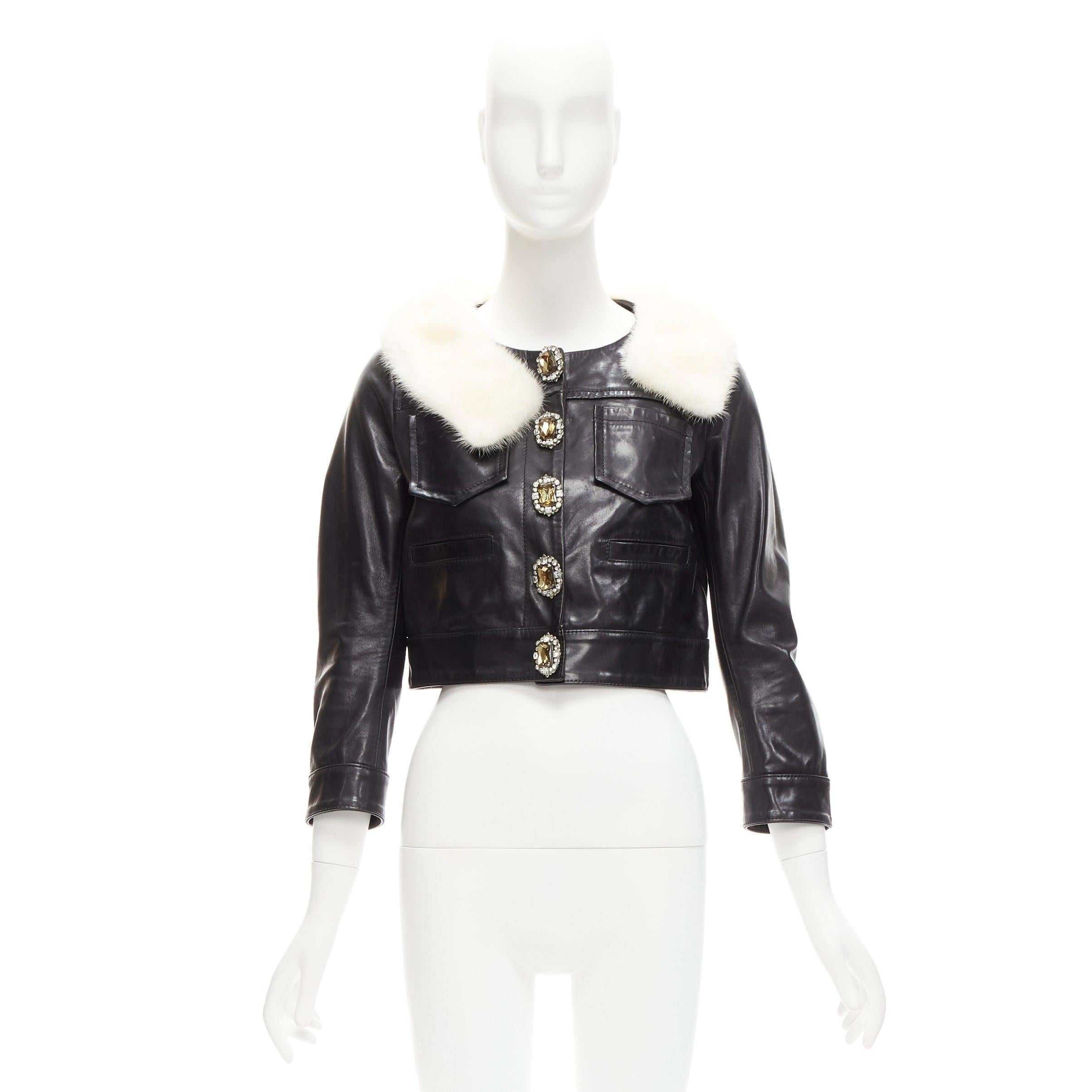 rare DSQUARED2 asymmetric fur collar jewel button cropped leather jacket IT40 S For Sale 4